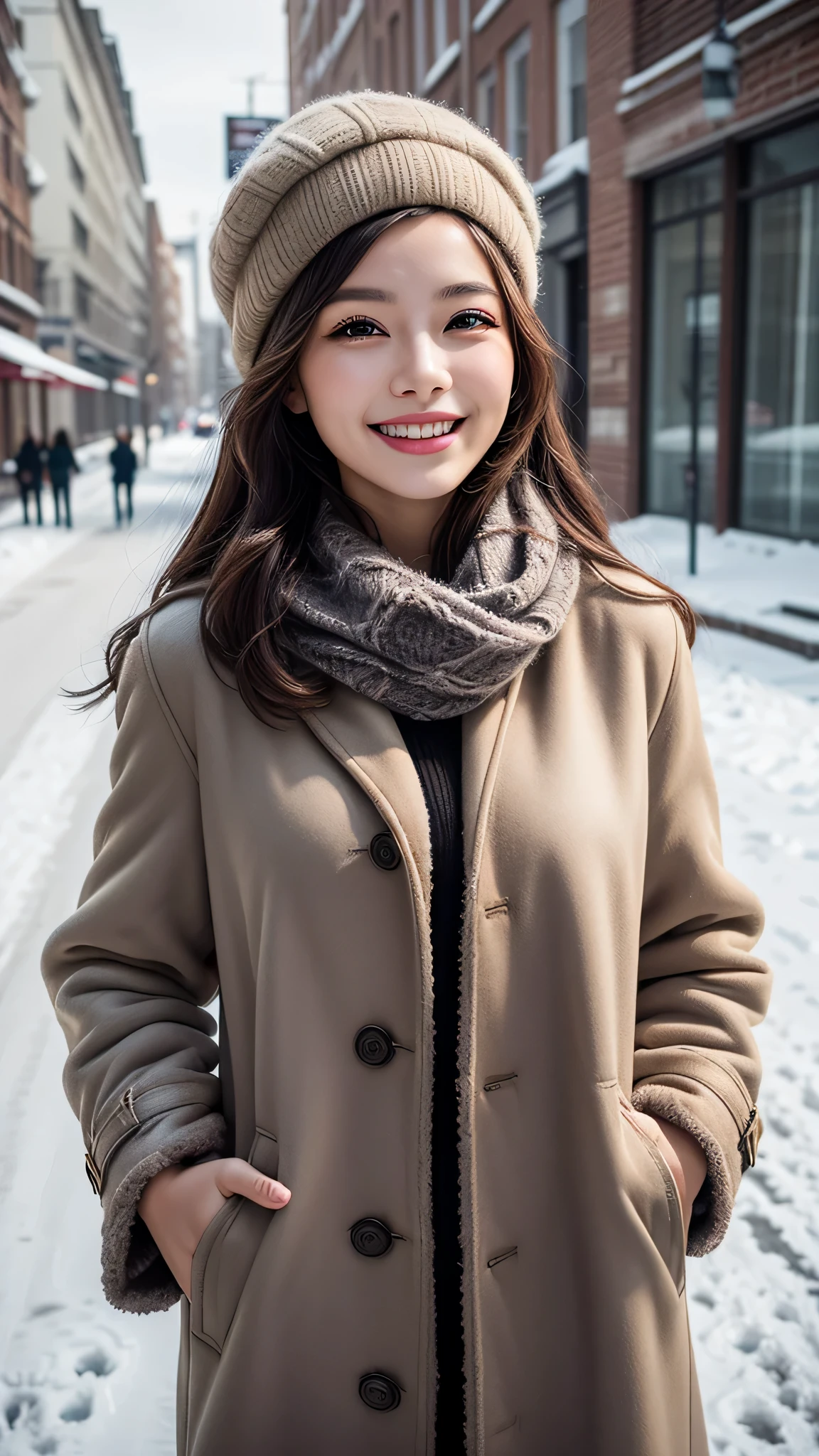 (1young girl), (Ultra realistic), (warm mink coat, woolen scarf:1.3), upper body, big smile, laugh innocently, Beret, stylish outfit, (best quality:1.4), Raw photo, (realistic, photo-realistic:1.37), professional photography, cinematic light, outdoors, snowy, stylish cityscape