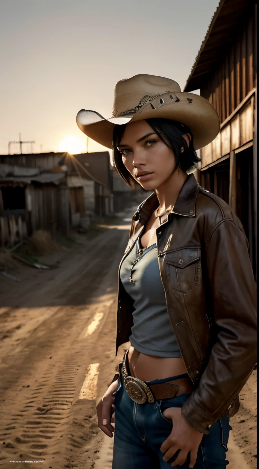 Foto hiperrealista en primer plano de Adriana Lima, masterpiece, best quality, (photorealistic:1.4), (cowboy outfit, jacket over shirt, cowboy hat) Create dystopian masterpieces. Western theme, dusty atmosphere, wooden buildings, a setting sun casting long shadows, aged and worn costumes, anticipation in the air, intense standoff, empty street, deserted town,beautiful woman, skinny, medium breasts, black short hair (bob short hair:1.2), detailed face, facing the camera, photo taken from a distance, age of 18 years old