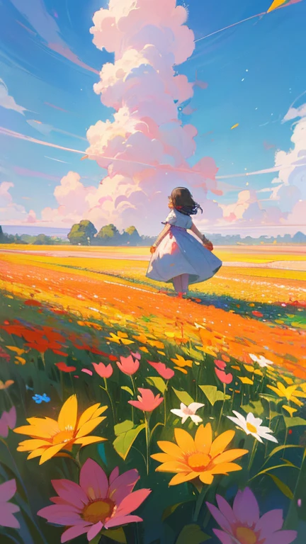 There is a girl stand in a flower field looking up at the sky, a girl stand in a flower field, girl walking in flower field, Lost in Dreamy Wonderland, stand in a flower field, Awesome digital painting, Sky is Xu々It will be sunny to, 星Sky is Xu々Retreat to