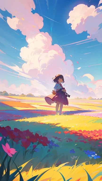 There is a girl stand in a flower field looking up at the sky, a girl stand in a flower field, girl walking in flower field, Lost in Dreamy Wonderland, stand in a flower field, Awesome digital painting, Sky is Xu々It will be sunny to, 星Sky is Xu々Retreat to  
