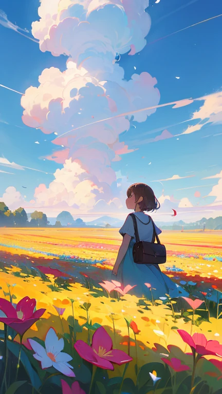 There is a girl stand in a flower field looking up at the sky, a girl stand in a flower field, girl walking in flower field, Lost in Dreamy Wonderland, stand in a flower field, Awesome digital painting, Sky is Xu々It will be sunny to, 星Sky is Xu々Retreat to