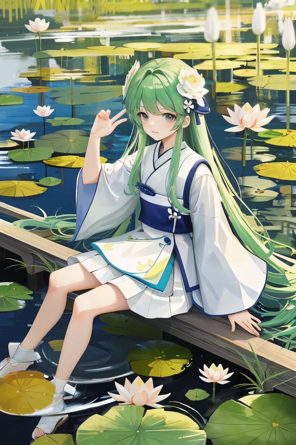 There is a girl sitting on a leaf, (White clothes), Fresh color scheme, There is a stuffed toy, Gouves style artwork, CGStation Popular, illustration：Li Song, soft animation, lying on lily pad, sitting on a lotus flower, Lovely and detailed digital art, Lovely art style, in a pond, Yang Jian, cute digital art, Guwitz, sitting by the pond，Warm picture