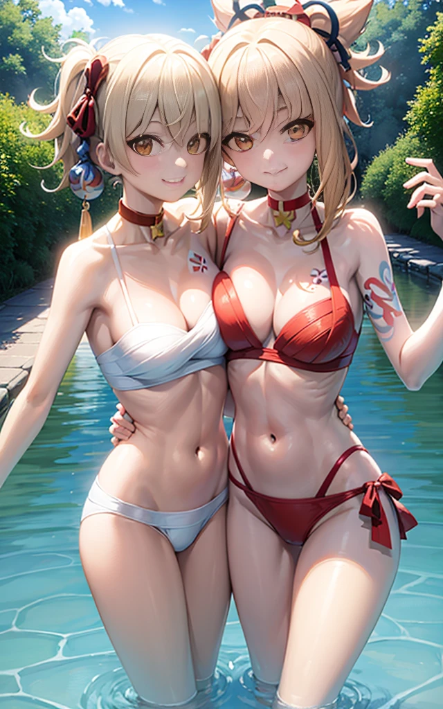 2 girls smiling in water in bathtub，No teeth exposed. Female twins， Vibrant colors，natural lighting, best quality, Chest to chest, Put your arms around the other person&#39;s waist, sunny masterpiece, Navel exposed, blush, Navel exposed, swimsuit, Full, Big breasts, The breasts are next to each other, the breasts are close to each other, the breasts are slim, and the height the same. 两人的右侧乳房挤成一条缝 very bigger breast 泳装 露肚脐



