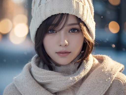 1girl in, (Wear winter clothes:1.2), (Unripe, Best Quality), (Realistic, Photorealsitic:1.4), masutepiece, Extremely delicate and beautiful, Extremely detailed, 2k wallpaper, amazing, finely detail, the Extremely Detailed CG Unity 8K Wallpapers, Ultra-detailed, hight resolution, Soft light, Beautiful detailed girl, extremely detailed eye and face, eyes are brown,beautiful detailed nose, Beautiful detailed eyes, Cinematic lighting, Winter scene, Perfect Anatomy, rich and big breasts, Straight Bob Cut Hair, Bangs, Looking at Viewer, A slight smil,large size knit hat,Thick muffler,light pink turtleneck sweater,open front wool coat,FULL BODYSHOT,