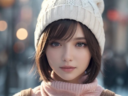 1girl in, (Wear winter clothes:1.2), (Unripe, Best Quality), (Realistic, Photorealsitic:1.4), masutepiece, Extremely delicate and beautiful, Extremely detailed, 2k wallpaper, amazing, finely detail, the Extremely Detailed CG Unity 8K Wallpapers, Ultra-detailed, hight resolution, Soft light, Beautiful detailed girl, extremely detailed eye and face, eyes are brown,beautiful detailed nose, Beautiful detailed eyes, Cinematic lighting, Winter scene, Perfect Anatomy, rich and big breasts, Straight Bob Cut Hair, Bangs, Looking at Viewer, A slight smil,large size knit hat,Thick muffler,light pink turtleneck sweater,open front wool coat,FULL BODYSHOT,