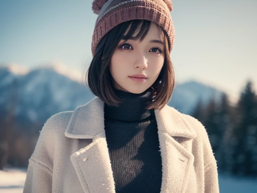 1girl in, (Wear winter clothes:1.2), (Unripe, Best Quality), (Realistic, Photorealsitic:1.4), masutepiece, Extremely delicate and beautiful, Extremely detailed, 2k wallpaper, amazing, finely detail, the Extremely Detailed CG Unity 8K Wallpapers, Ultra-detailed, hight resolution, Soft light, Beautiful detailed girl, extremely detailed eye and face, eyes are brown,beautiful detailed nose, Beautiful detailed eyes, Cinematic lighting, Winter scene, Perfect Anatomy, rich and big breasts, Straight Bob Cut Hair, Bangs, Looking at Viewer, A slight smil,large size knit hat,Thick muffler,light pink turtleneck sweater,open front wool coat,FULL BODYSHOT,