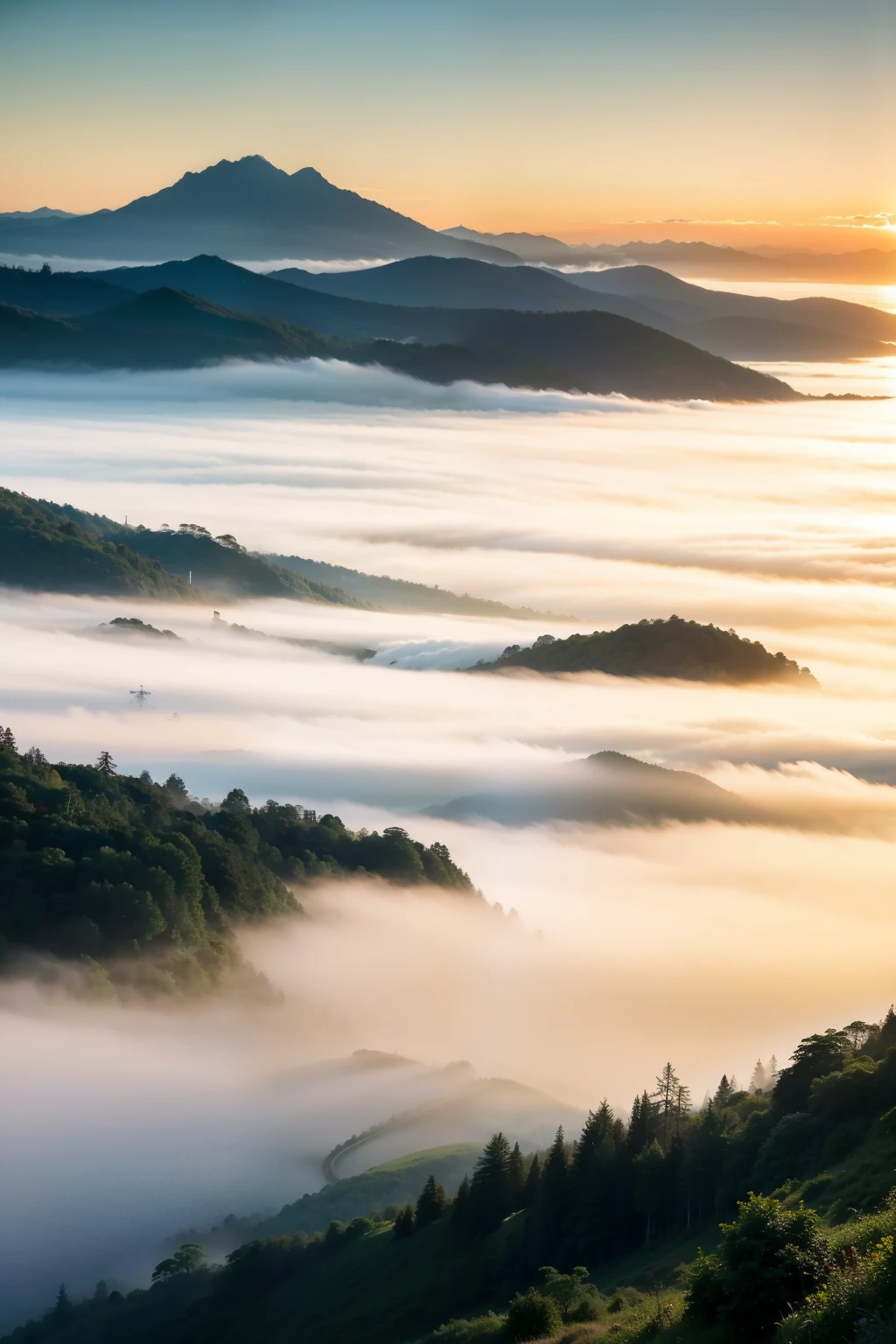 Lakes and mountains，Blue water and blue sky，Green peaks like forests，The sea and the sky are the same，shrouded in mist，A sea of clouds，Sunrise and sunset，Golden glow sprinkles the earth，Reflecting the endless beauty of nature。