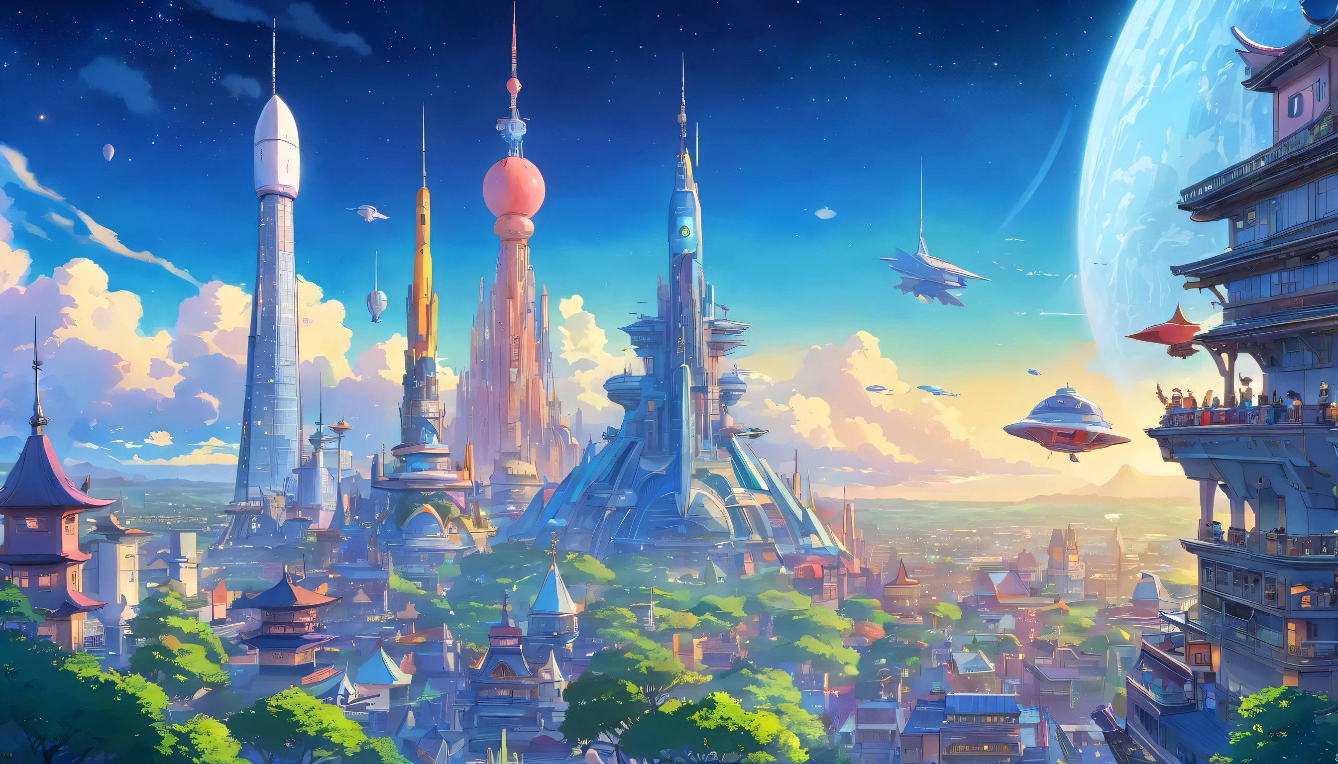 cyberpunked、、SFart by、epcot、top-quality、、masterpiece、epcot、Skyscrapers tower over、Rows of glass-walled skyscrapers、StarWars、Fantasia、Beautiful city、planet earth、Space City、8K, quartzo de cristal BLUE color gigante, uhd, SPACE SHIP IN THE SKY,