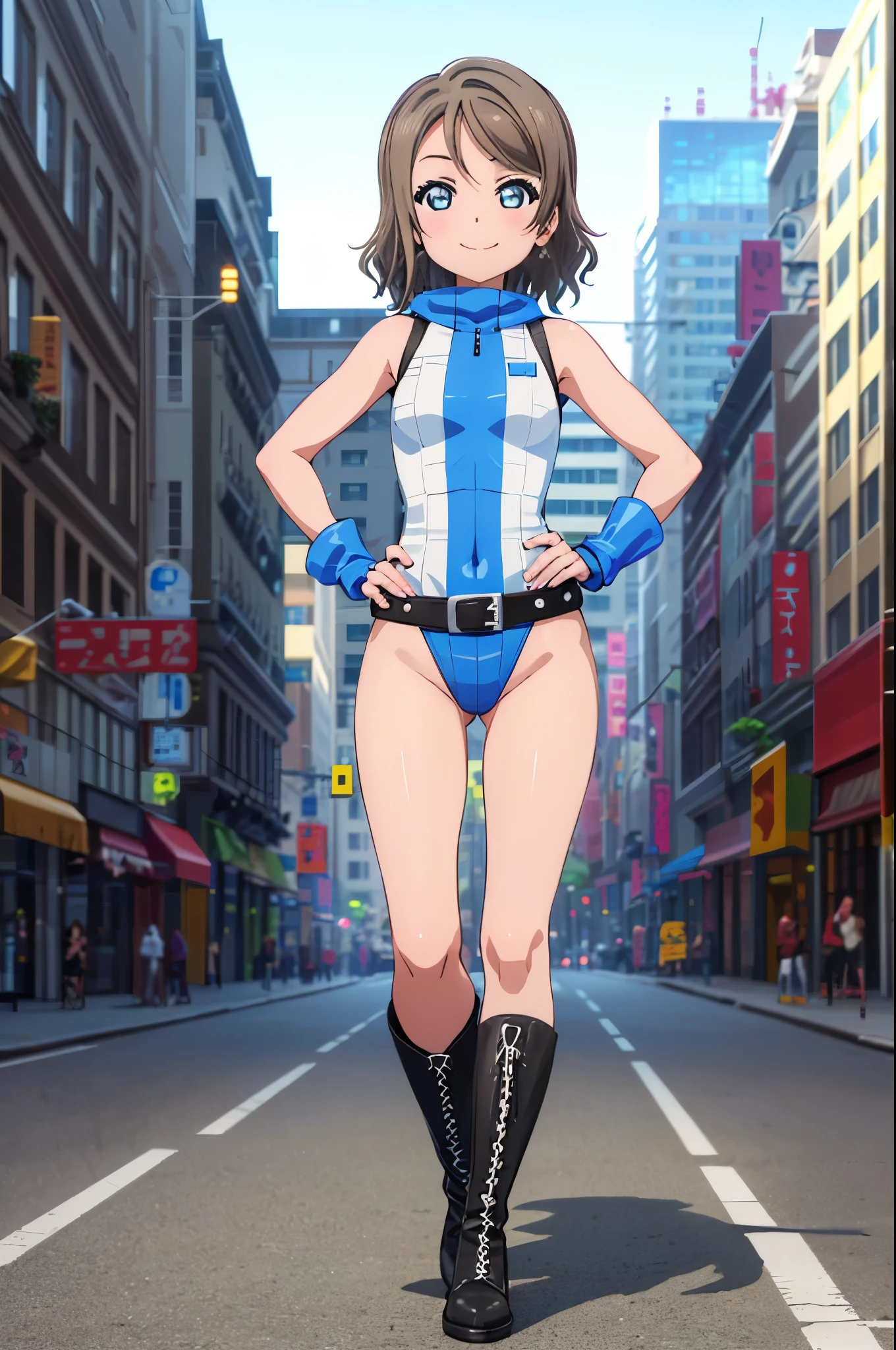 (((pixel-perfect, detail-perfect))), solo, single, solo focus, 1girl, you watanabe, looking at viewer, smile, superhero, leotard, tight belt, bare legs, boots, standing, hands on hip, full body shot, city backdrop, sleeveless, ultra highres, absurdres, ((only five fingers)), perfect body, good proportions