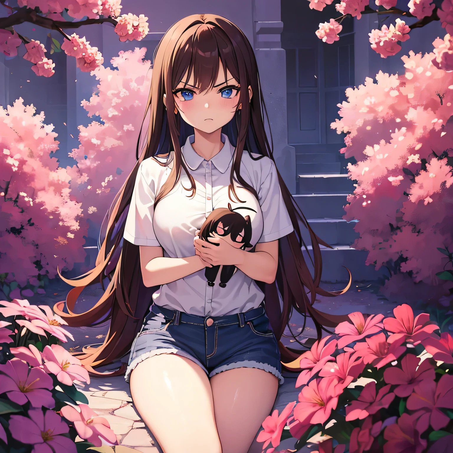 Masterpiece, best quality, (very detailed CG unity 8k wallpaper) (best quality), (best illustration), (best shadows), single female, 30 years old, full body, long pink hair, anime, very angry, large breasts, short sleeve button up hawaiian shirt with flowers, jean shorts, trippy background, lots of neon colours, edgy, piercings, holding a doll with blue eyes brown hair and soul patch