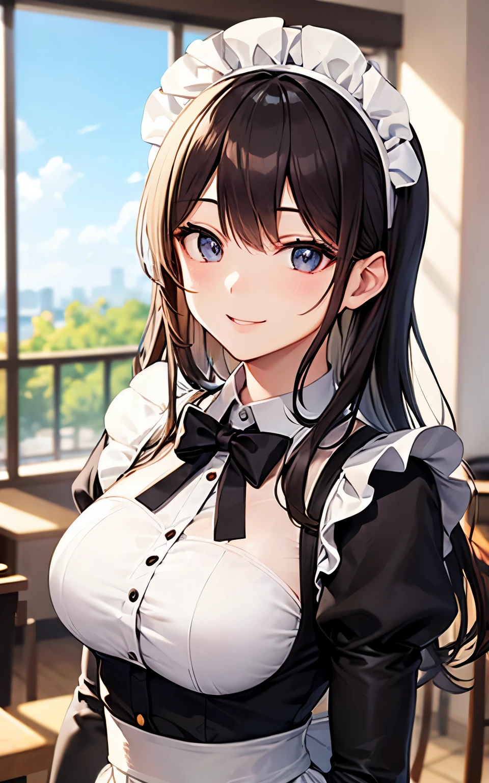 beautiful girl、Maid Cafe、Maid clothes、Upper body is shown、Dazzling smile、