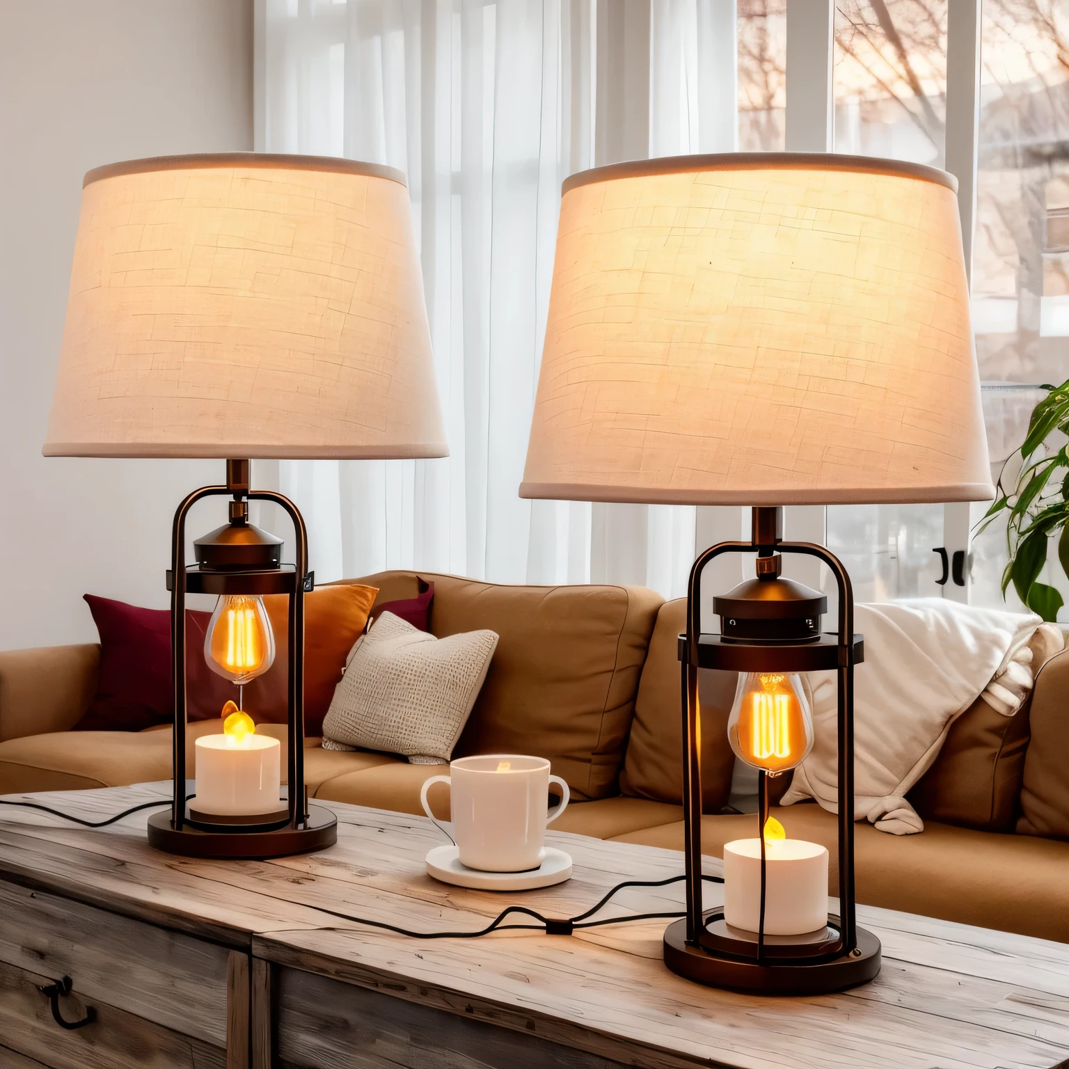 a pair of lamps on a table in a living room, lamps, beautiful lit lamps, cozy lighting, glowing lamps, designed for cozy aesthetics!, industrial lighting, comfy lighting, bright ambient lighting, stylish lighting, best lighting, rustic, exceptional lighting, warm lantern lighting, captivating glowing lights, nostalgic lighting, shining lamps, top lighting, soft warm lighting