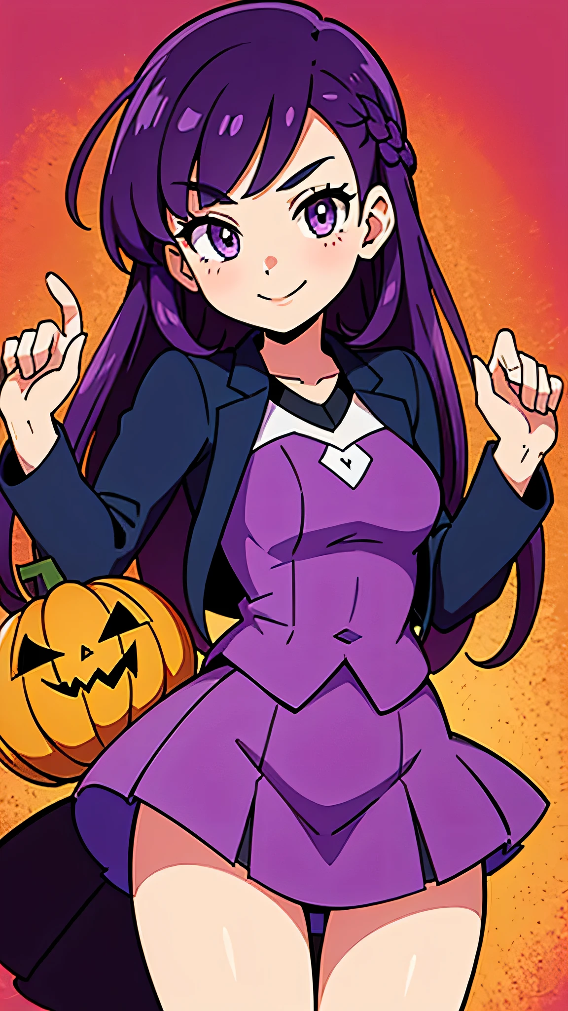 ((masterpiece,highest quality)), Pokemon, purple hair, Have a pumpkin, Purple clothes, skirt, girl, one person, look at the camera, smile, cinematic composition

