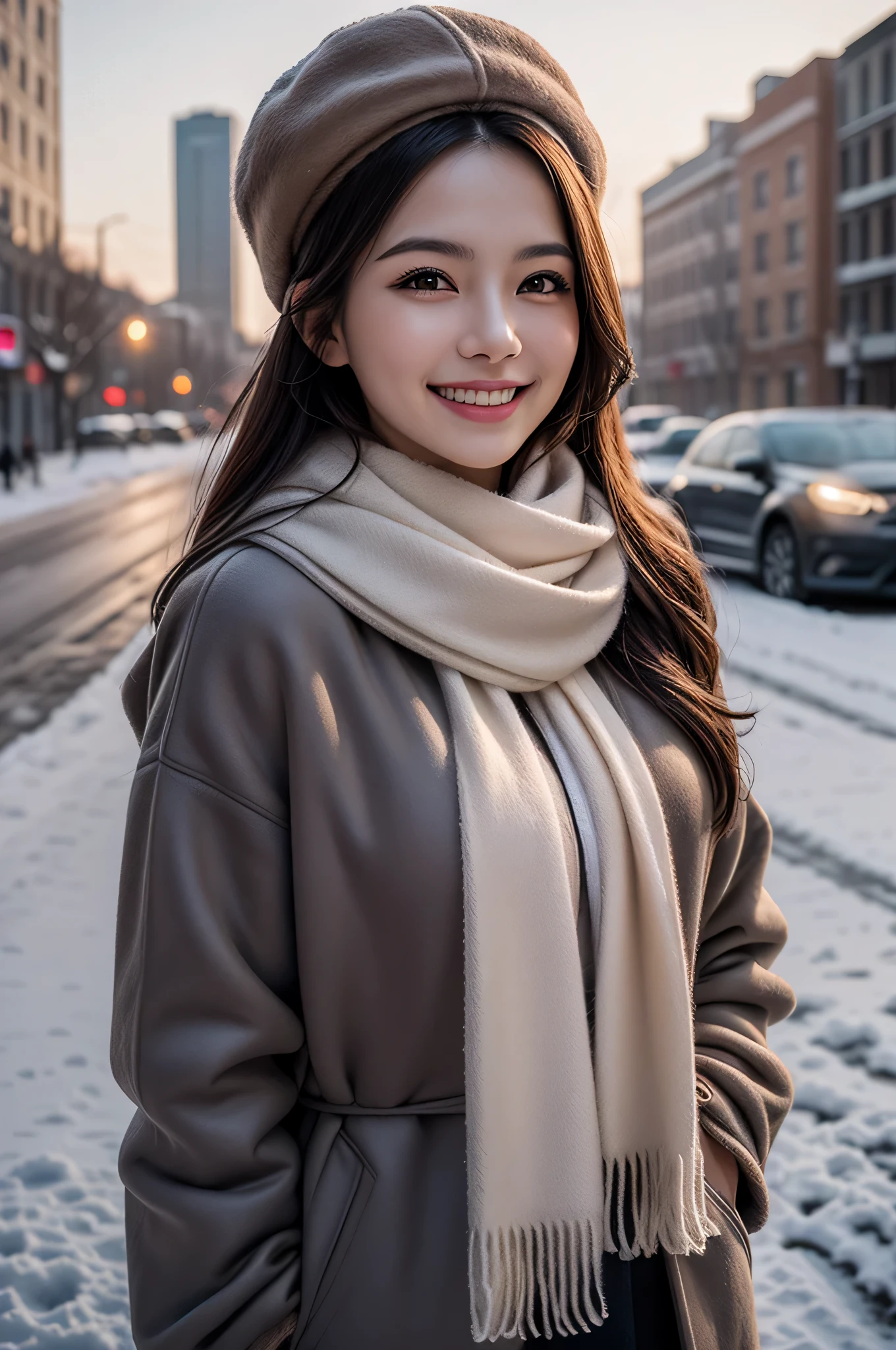 (ung girl),  (Ultra realistic), (warm mink coat, woolen scarf:1.3),  upper body,  big smile,  laugh innocently, Beret, stylish outfit, (best quality:1.4),  Raw photo, (realistic,  photo-realistic:1.37), professional photography, cinematic light, outdoors, snowy, stylish cityscape, Clear skies, sunset