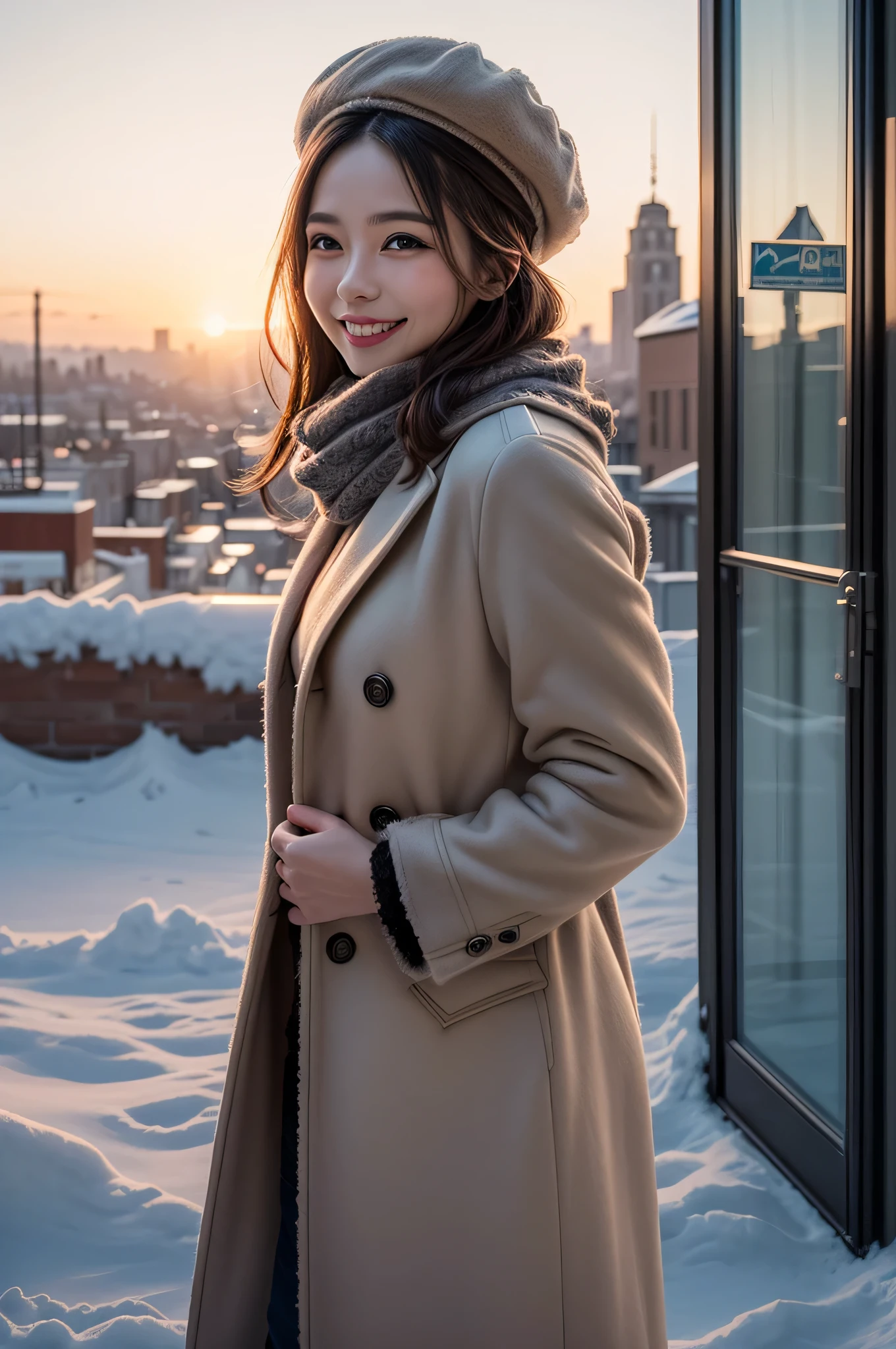 (1young girl),  (Ultra realistic), (warm mink coat, woolen scarf:1.3),  upper body,  big smile,  laugh innocently, Beret, stylish outfit, (best quality:1.4),  Raw photo, (realistic,  photo-realistic:1.37), professional photography, cinematic light, outdoors, snowy, stylish cityscape, Clear skies, sunset