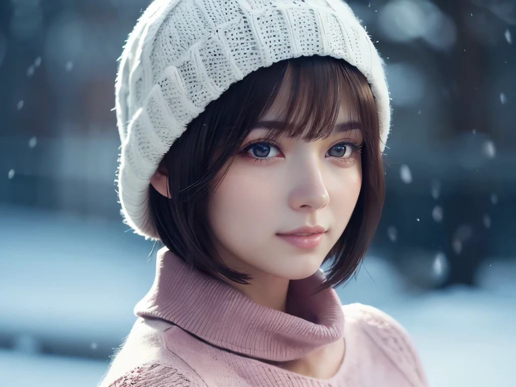 1girl in, (Wear winter clothes:1.2), (Unripe, Best Quality), (Realistic, Photorealsitic:1.4), masutepiece, Extremely delicate and beautiful, Extremely detailed, 2k wallpaper, amazing, finely detail, the Extremely Detailed CG Unity 8K Wallpapers, Ultra-detailed, hight resolution, Soft light, Beautiful detailed girl, extremely detailed eye and face, eyes are brown,beautiful detailed nose, Beautiful detailed eyes, Cinematic lighting, Winter scene, Perfect Anatomy, rich and big breasts, Straight Bob Cut Hair, Bangs, Looking at Viewer, A slight smil,large size knit hat,Thick muffler,light pink turtleneck sweater,open front wool coat,FULL BODYSHOT,