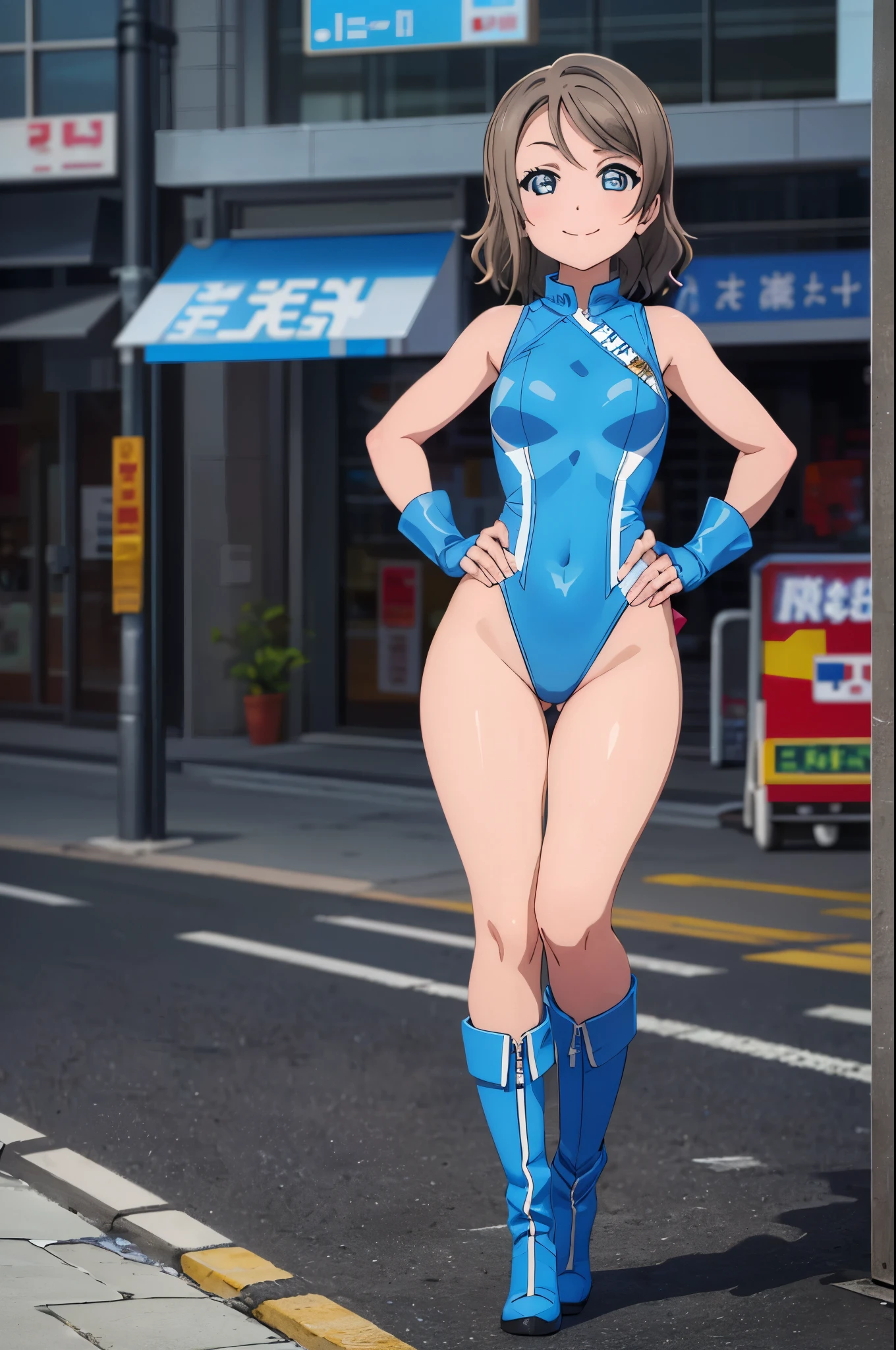 (((pixel-perfect, detail-perfect))), solo, single, solo focus, 1girl, you watanabe, looking at viewer, smile, superhero, leotard, bare legs, boots, standing, hands on hip, full body shot, city backdrop, sleeveless, ultra highres, absurdres, ((only five fingers)), perfect body, good proportions
