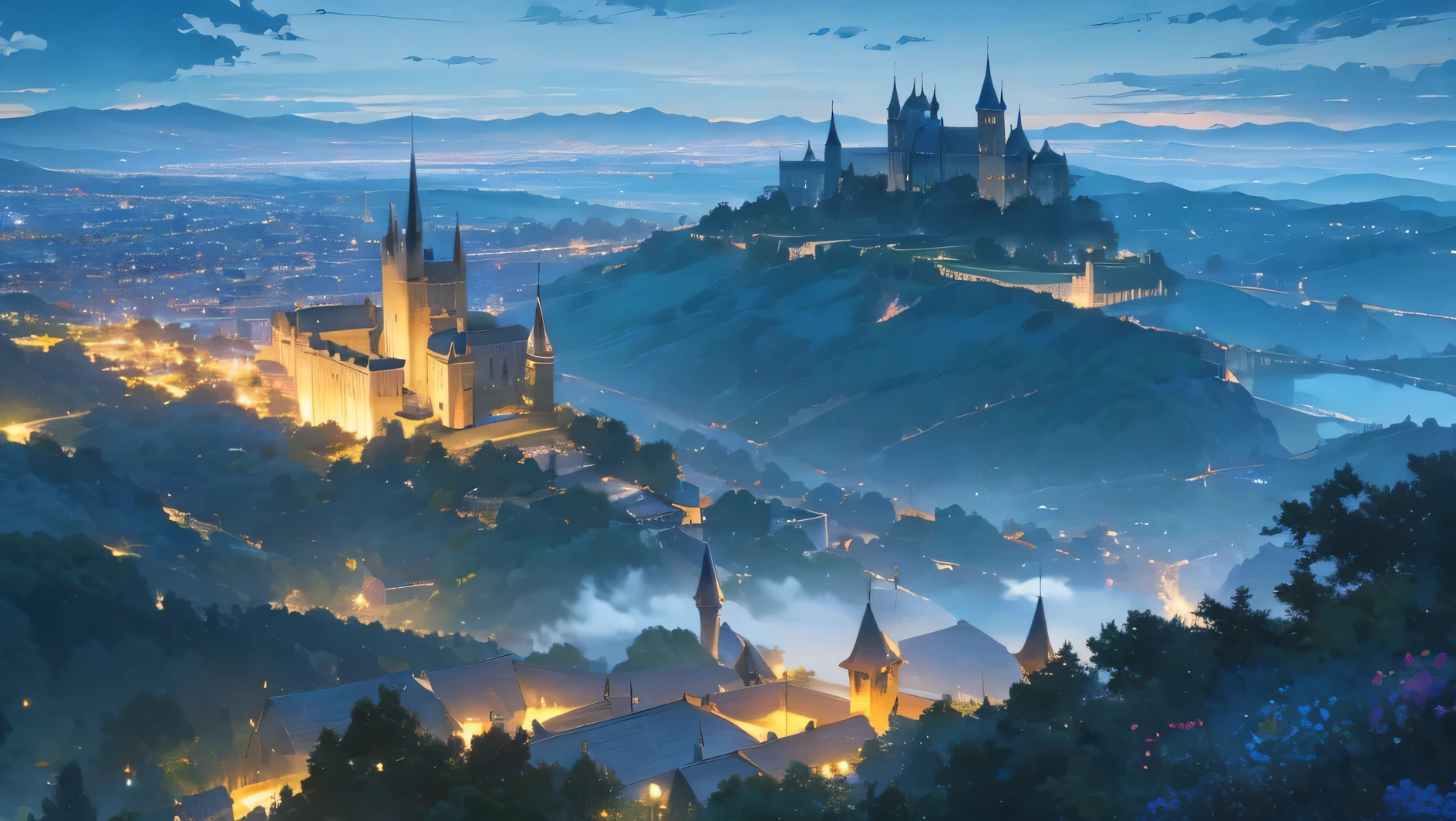 beautiful castle harry potter and black sky in the night with clouds and stars, it's a valley with a castle, a lake with flowers and lights