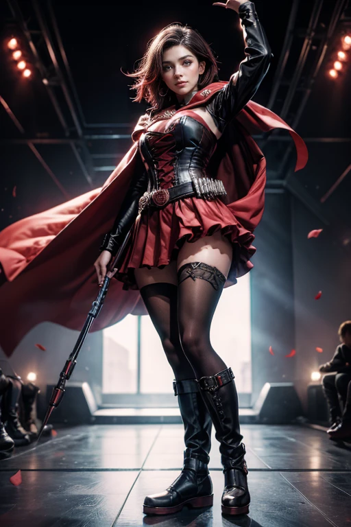 (masterpiece,stunning girlfriend, (standing:1.1), dynamic pose, heart shaped face, elegant face, beautiful face, highly detailed face, highly detailed skin, skin pores, subsurface scattering, realistic pupils, loving smile, looking at viewer, full face blush, full lips, detailed background, depth of field, atmospheric perspective, volumetric lighting, sharp focus, absurdres, realistic proportions, good anatomy, (realistic, hyperrealistic:1.4), 16k hdr, (masterpiece, best quality), 1girl, ruby_rose, cape, dress, red cape, crescent rose, boots, pantyhose, hood, petals, corset, standing on stage, audience, crowd