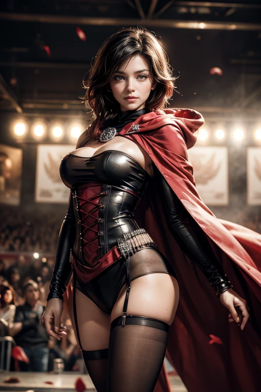 (masterpiece,stunning girlfriend, (standing:1.1), dynamic pose, heart shaped face, elegant face, beautiful face, highly detailed face, highly detailed skin, skin pores, subsurface scattering, realistic pupils, loving smile, looking at viewer, full face blush, full lips, detailed background, depth of field, atmospheric perspective, volumetric lighting, sharp focus, absurdres, realistic proportions, good anatomy, (realistic, hyperrealistic:1.4), 16k hdr, (masterpiece, best quality), 1girl, ruby_rose, cape, dress, red cape, crescent rose, boots, pantyhose, hood, petals, corset, standing on stage, audience, crowd