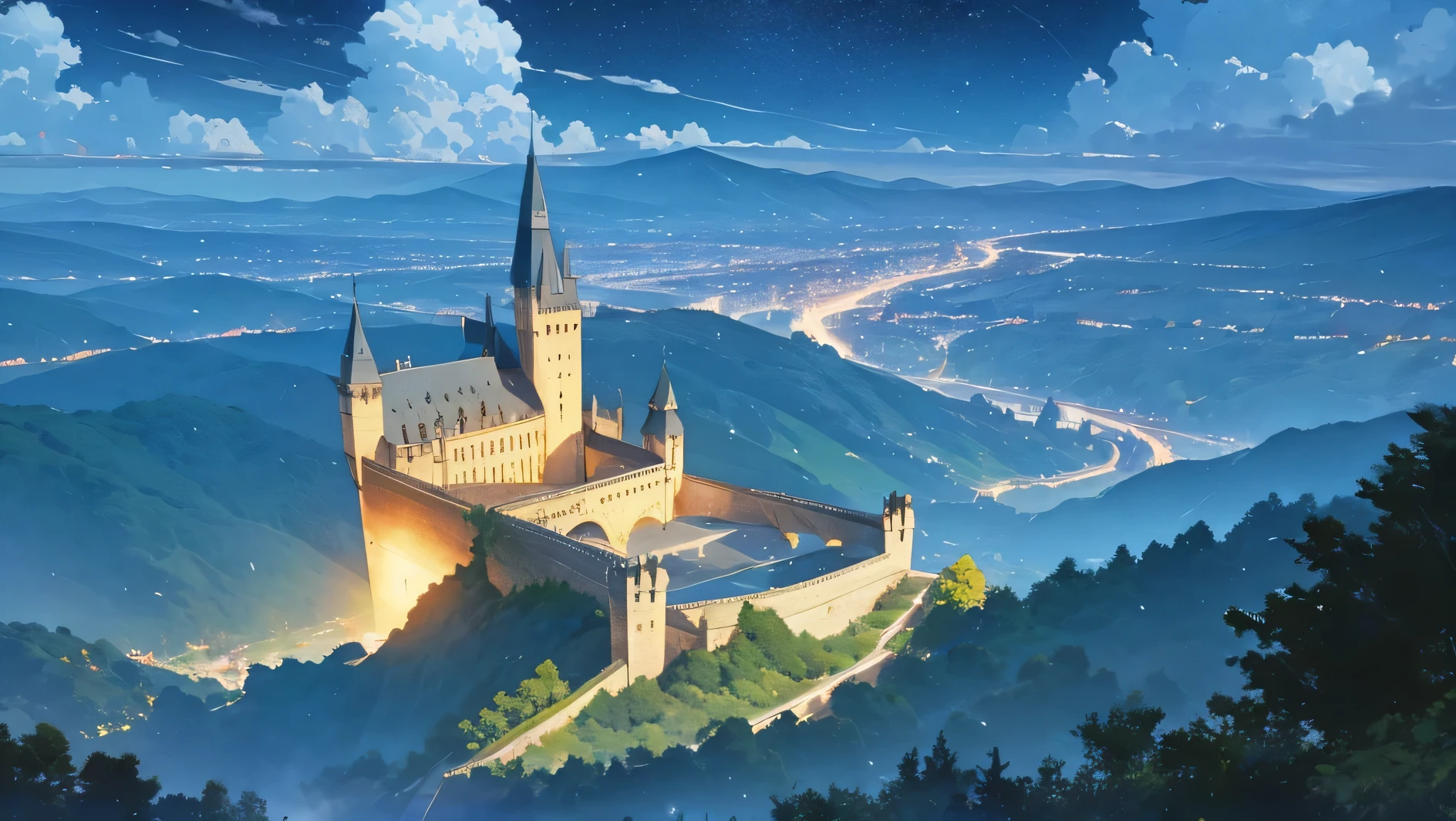 beautiful castle harry potter and black sky in the night with clouds and stars, it's a valley with a castle, a lake with flowers and lights