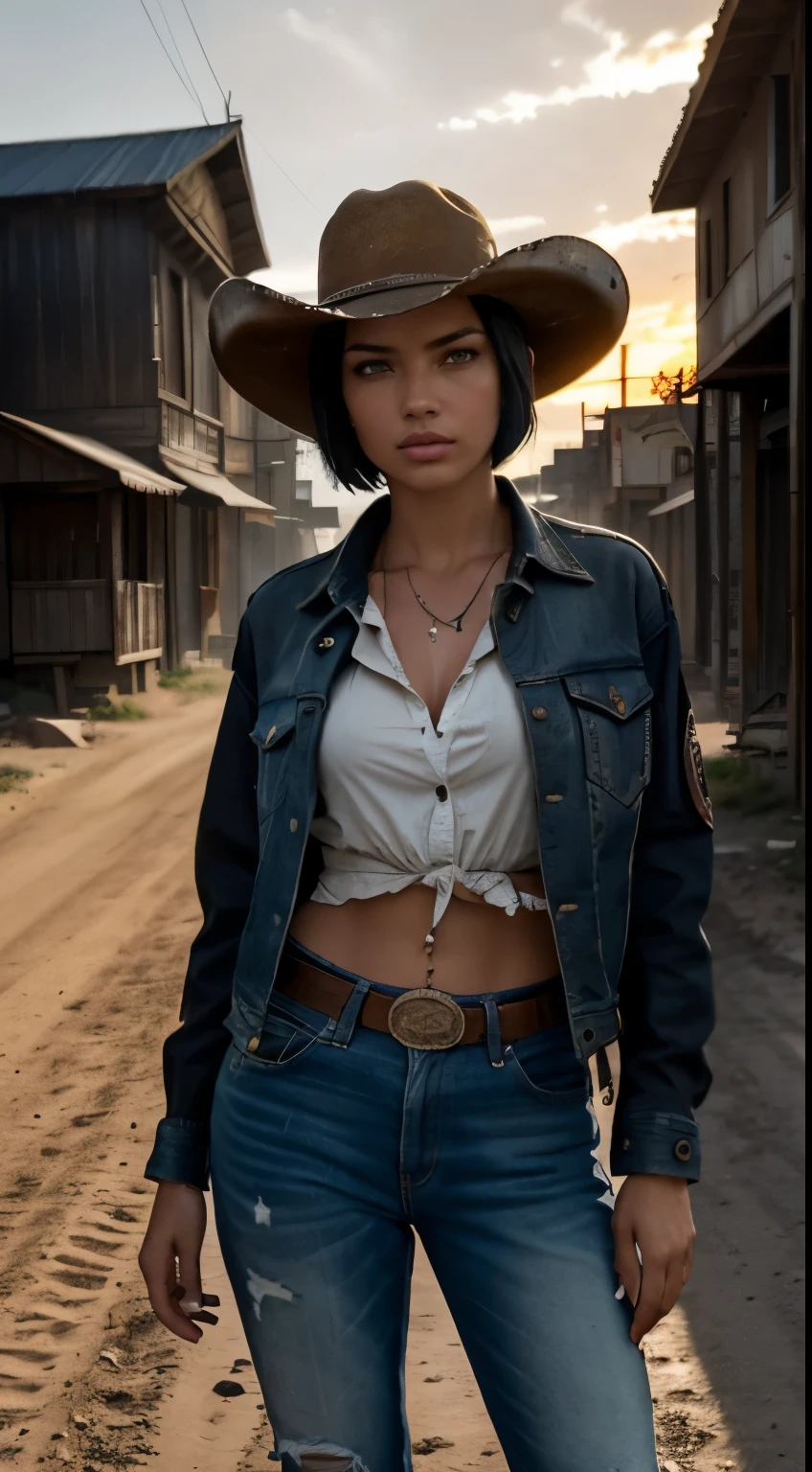 Foto hiperrealista en primer plano de Adriana Lima, masterpiece, best quality, (photorealistic:1.4), (cowboy outfit, jacket over full shirt, dirty pants, cowboy hat) Create dystopian masterpieces. Western theme, dusty atmosphere, wooden buildings, a setting sun casting long shadows, aged and worn costumes, anticipation in the air, intense standoff, empty street, deserted town,beautiful woman, skinny, medium breasts, black short hair (bob short hair:1.2), detailed face, facing the camera, photo taken from a distance, age of 18 years old