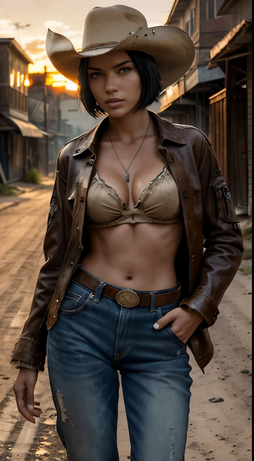 Foto hiperrealista en primer plano de Adriana Lima, masterpiece, best quality, (photorealistic:1.4), (cowboy outfit, jacket over long shirt, dirty pants, cowboy hat) Create dystopian masterpieces. Western theme, dusty atmosphere, wooden buildings, a setting sun casting long shadows, aged and worn costumes, anticipation in the air, intense standoff, empty street, deserted town,beautiful woman, skinny, medium breasts, black short hair (bob short hair:1.2), detailed face, facing the camera, photo taken from a distance, age of 18 years old