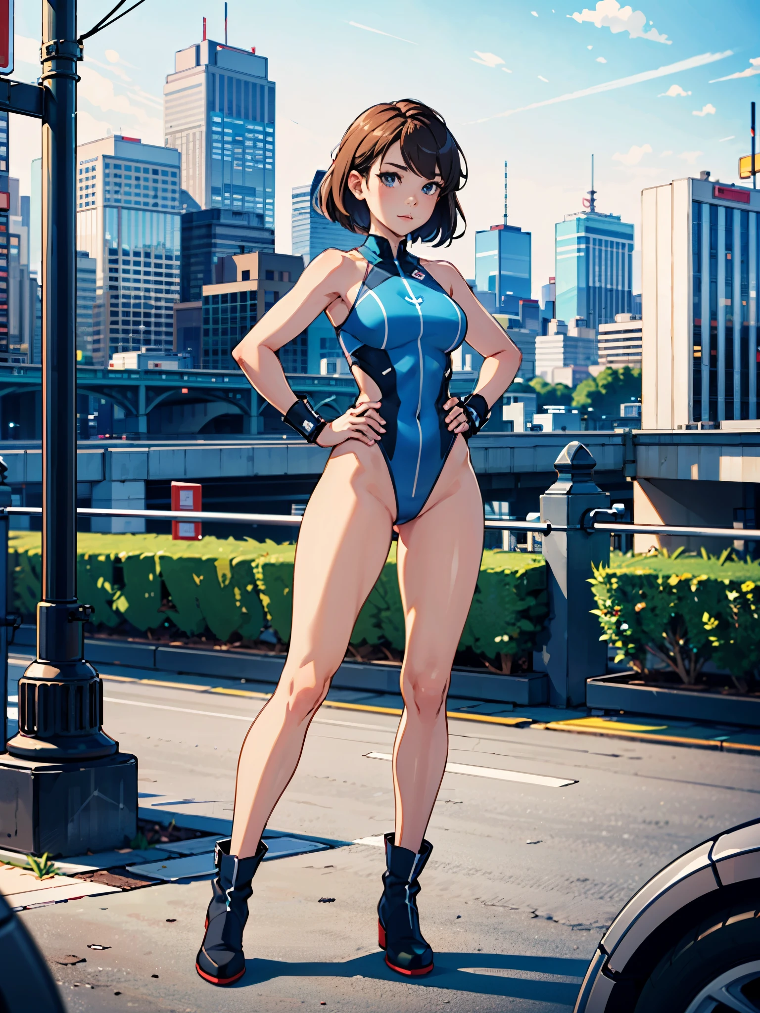 (((pixel-perfect, detail-perfect))), 1girl, superhero, leotard, highleg leotard, bare legs, boots, standing, solo focus, tight belt, hands on hip, full body shot, mature lady, city backdrop, sleeveless, ultra highres, absurdres, beautiful face, detailed eyes, symmetric eyes, {{only five fingers}}, perfect body, good proportions