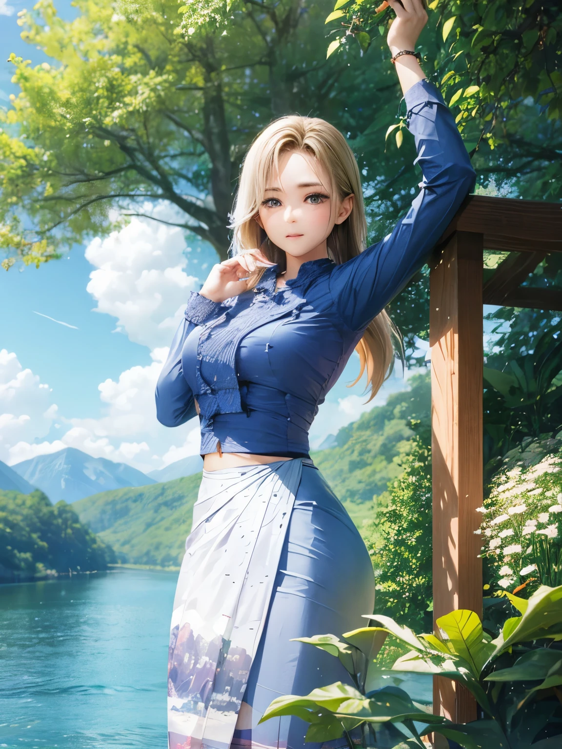 wearing acmm top, olive green acmm top, long sleeves, wearing acmm long skirt, olive green acmm long skirt, printed skirt, skin birght and smooth as wax,
masterpiece, best quality, high quality, extremely detailed CG unity 8k wallpaper, scenery, outdoors, sky, cloud, day, humans, mountain, landscape, water, tree, blue sky, waterfall, cliff, nature, lake, river, cloudy sky,award winning photography, Bokeh, Depth of Field, HDR, bloom, Chromatic Aberration ,Photorealistic,extremely detailed, trending on artstation, trending on CGsociety, Intricate, High Detail, dramatic, art by midjourney,