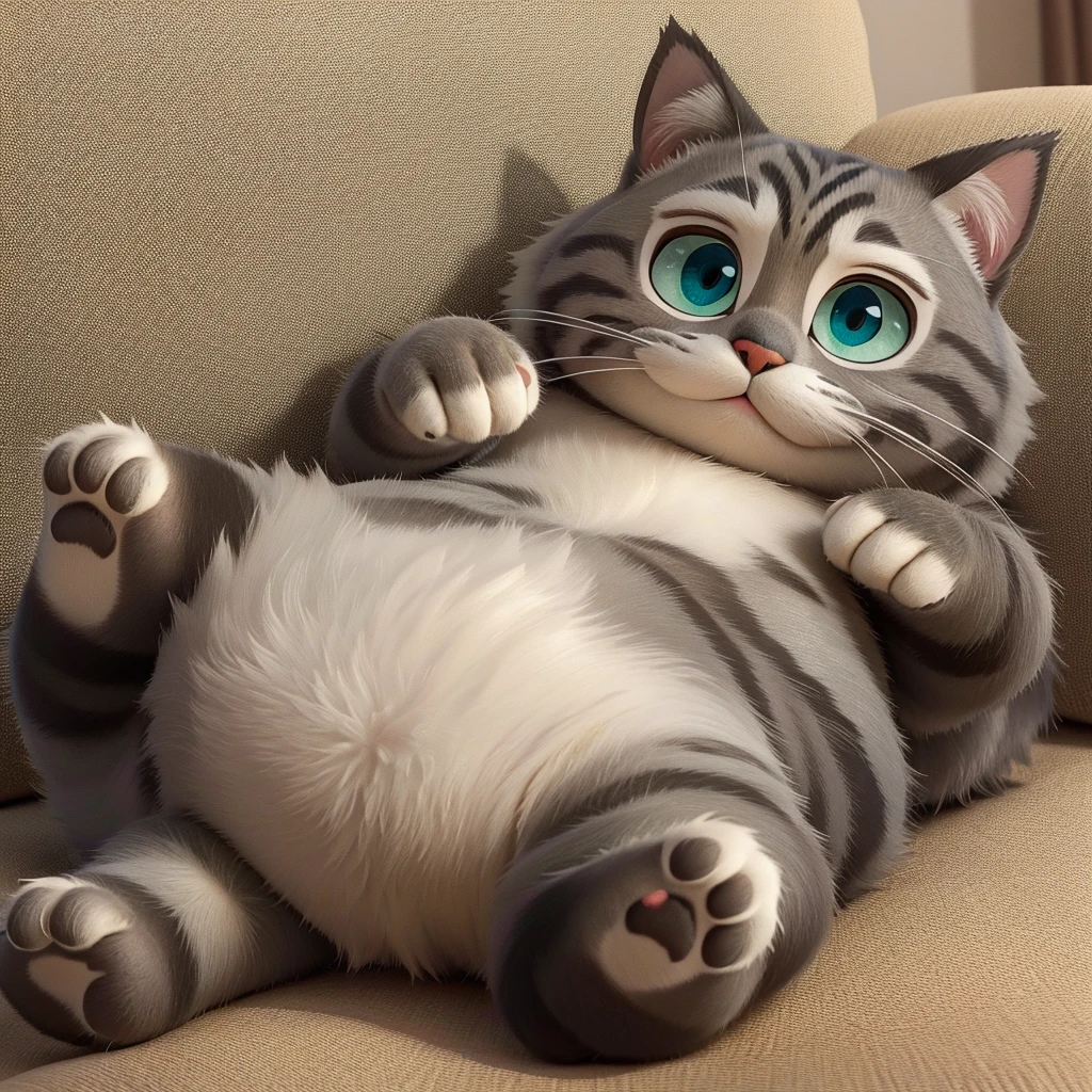 create a Disney Pixar style character Chubby gray brindle cat with green eyes lying with 4 paws up showing belly lying on the couch