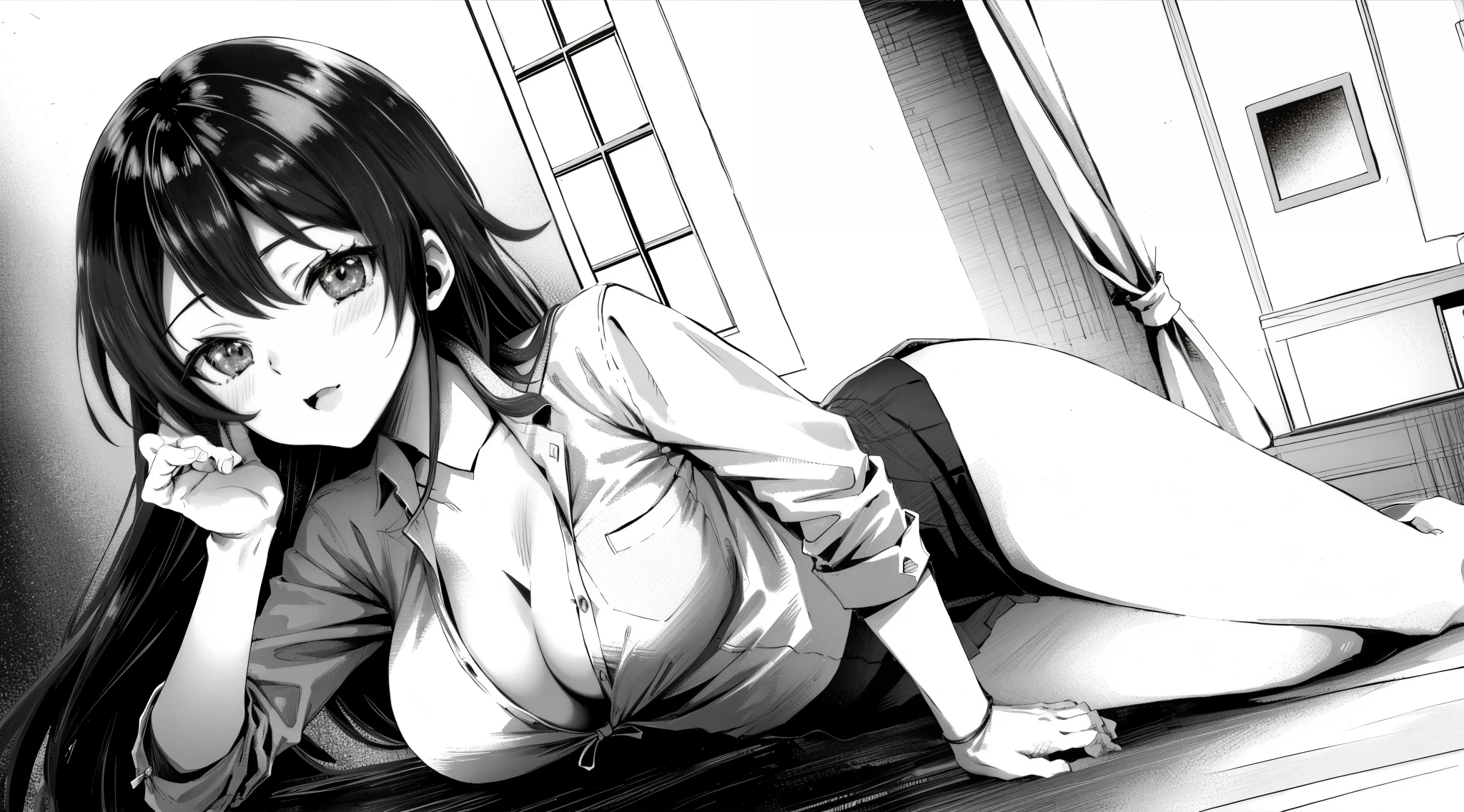 manga girl ((black and white)) (manga art style)