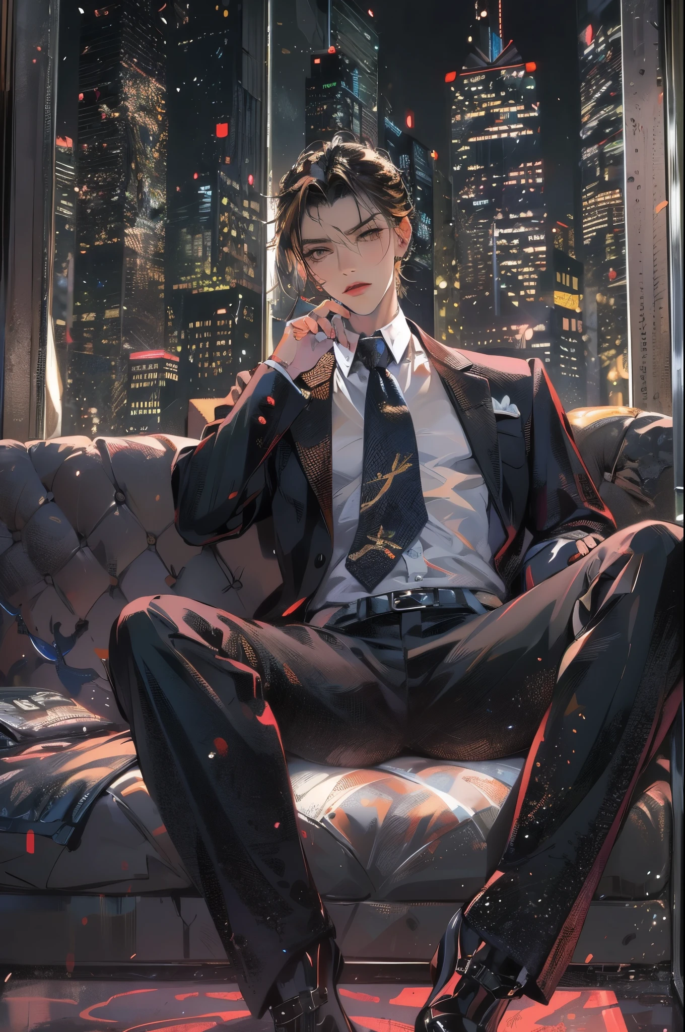 (absurdres, highres, ultra detailed, realistic, ), 1 male, solo, adult, mature, tall muscular guy, ,(sitting on a sofa,cross-legged), broad shoulders, handsome, very short hair, black hair, brown eyes, angular jaw, thick neck, thick eyebrows, night, dark, the night view of the city background, formal suit, necktie, upper body
