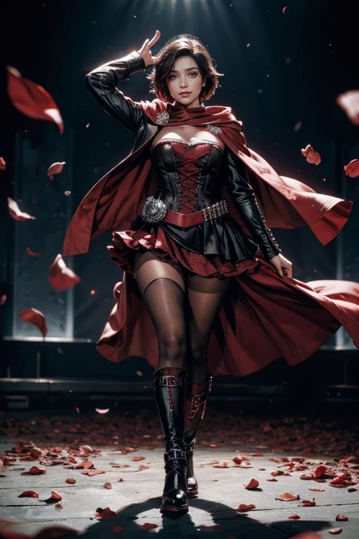 (masterpiece,stunning girlfriend, (standing:1.1), dynamic pose, heart shaped face, elegant face, beautiful face, highly detailed face, highly detailed skin, skin pores, subsurface scattering, realistic pupils, loving smile, looking at viewer, full face blush, full lips, detailed background, depth of field, atmospheric perspective, volumetric lighting, sharp focus, absurdres, realistic proportions, good anatomy, (realistic, hyperrealistic:1.4), 16k hdr, (masterpiece, best quality), 1girl, ruby_rose, cape, dress, red cape, crescent rose, boots, pantyhose, hood, petals, corset, standing on stage, audience, crowd
