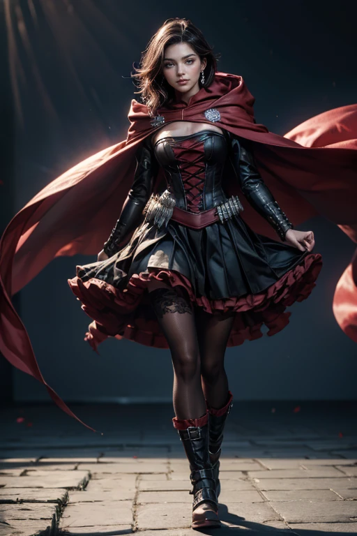 (masterpiece,stunning girlfriend, (standing:1.1), dynamic pose, heart shaped face, elegant face, beautiful face, highly detailed face, highly detailed skin, skin pores, subsurface scattering, realistic pupils, loving smile, looking at viewer, full face blush, full lips, detailed background, depth of field, atmospheric perspective, volumetric lighting, sharp focus, absurdres, realistic proportions, good anatomy, (realistic, hyperrealistic:1.4), 16k hdr, (masterpiece, best quality), 1girl, ruby_rose, cape, dress, red cape, crescent rose, boots, pantyhose, hood, petals, corset, standing on stage, audience, crowd
