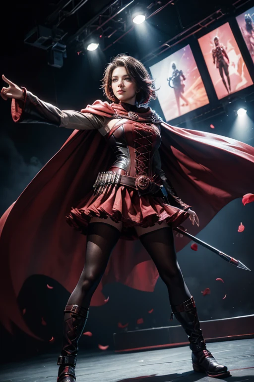 (masterpiece,stunning girlfriend, (standing:1.1), dynamic pose, heart shaped face, elegant face, beautiful face, highly detailed face, highly detailed skin, skin pores, subsurface scattering, realistic pupils, loving smile, looking at viewer, full face blush, full lips, detailed background, depth of field, atmospheric perspective, volumetric lighting, sharp focus, absurdres, realistic proportions, good anatomy, (realistic, hyperrealistic:1.4), 16k hdr, (masterpiece, best quality), 1girl, ruby_rose, cape, dress, red cape, crescent rose, boots, pantyhose, hood, petals, corset, standing on stage, audience, crowd