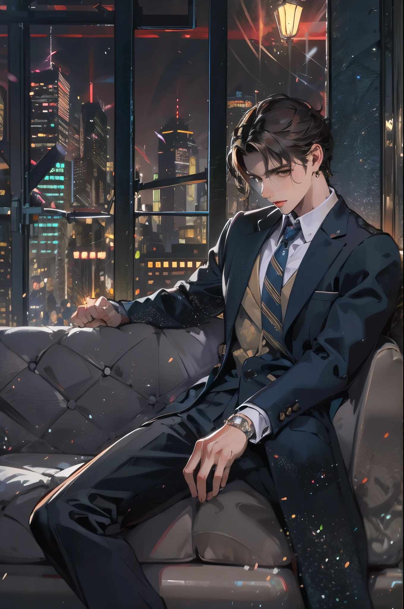 (absurdres, highres, ultra detailed, realistic, ), 1 male, solo, adult, mature, tall muscular guy, ,（sitting on a sofa,cross-legged）, broad shoulders, handsome, very short hair, black hair, brown eyes, angular jaw, thick neck, thick eyebrows, night, dark, the night view of the city background, formal suit, necktie, upper body
