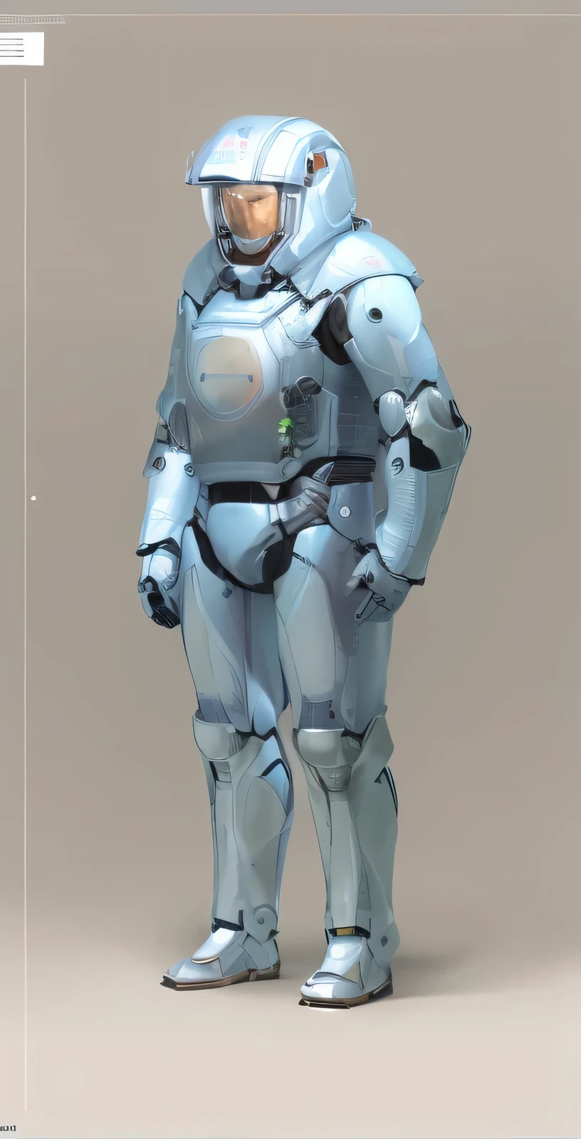 a drawing of a man in a space suit standing with his hands on his hips, metal gear solid concept art, mecha suit, wears a suit of power armor, ( ( character concept art ) ), full body mecha suit, fully space suited, streamlined white armor, full-body armor, maschinen krieger, clear outfit design, detailed full body concept，realism 