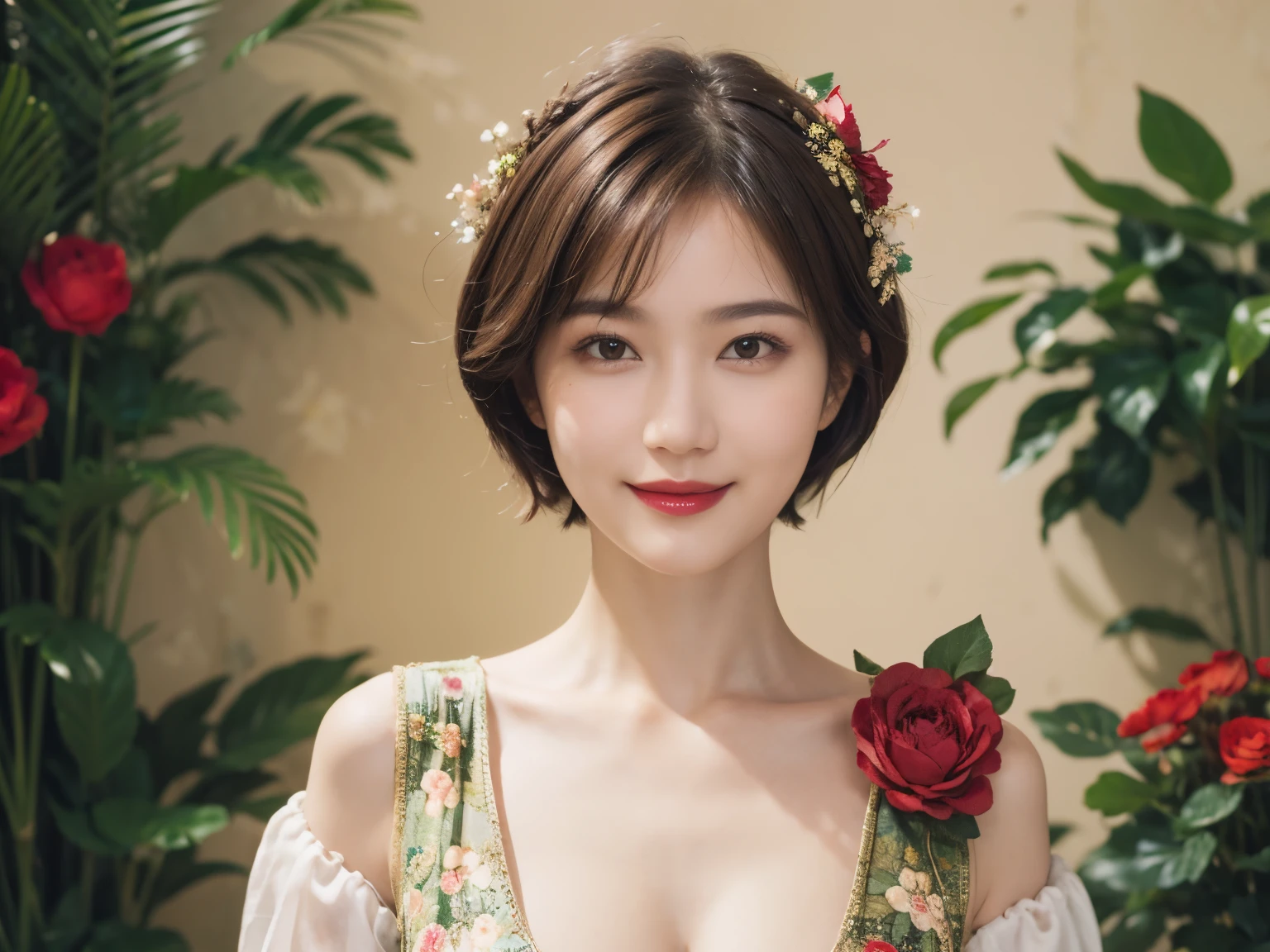 148
(20 year old woman,Floral costume), (surreal), (High resolution), ((beautiful hairstyle 46)), ((short hair:1.46)), (gentle smile), (breasted:1.1), (lipstick)
