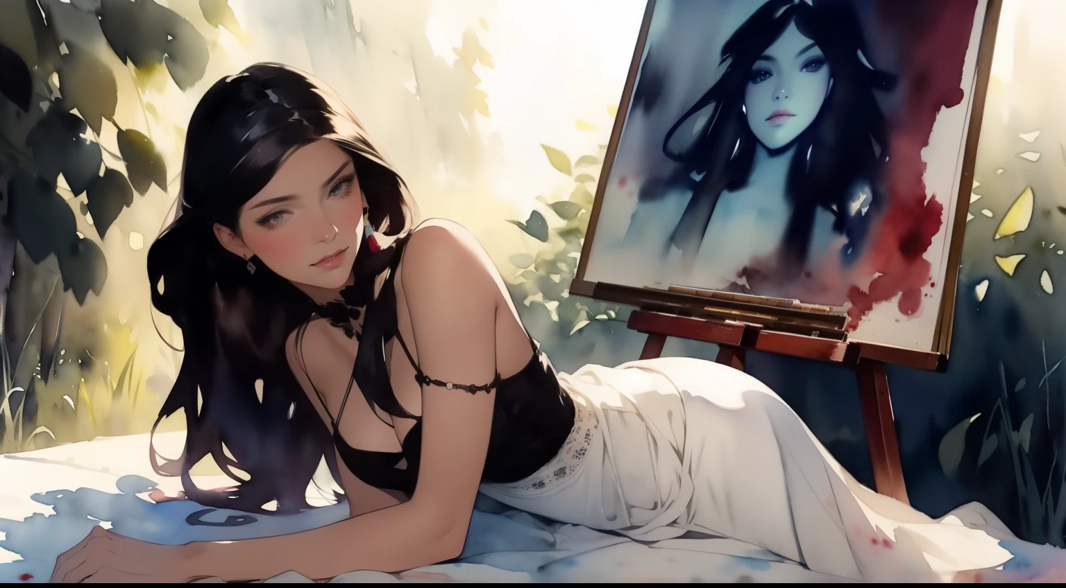 Adult beautiful mexican woman, spaghetti strap dress, seductive feminine gaze, dark eyes, (((watercolor painting by singer sargent)))