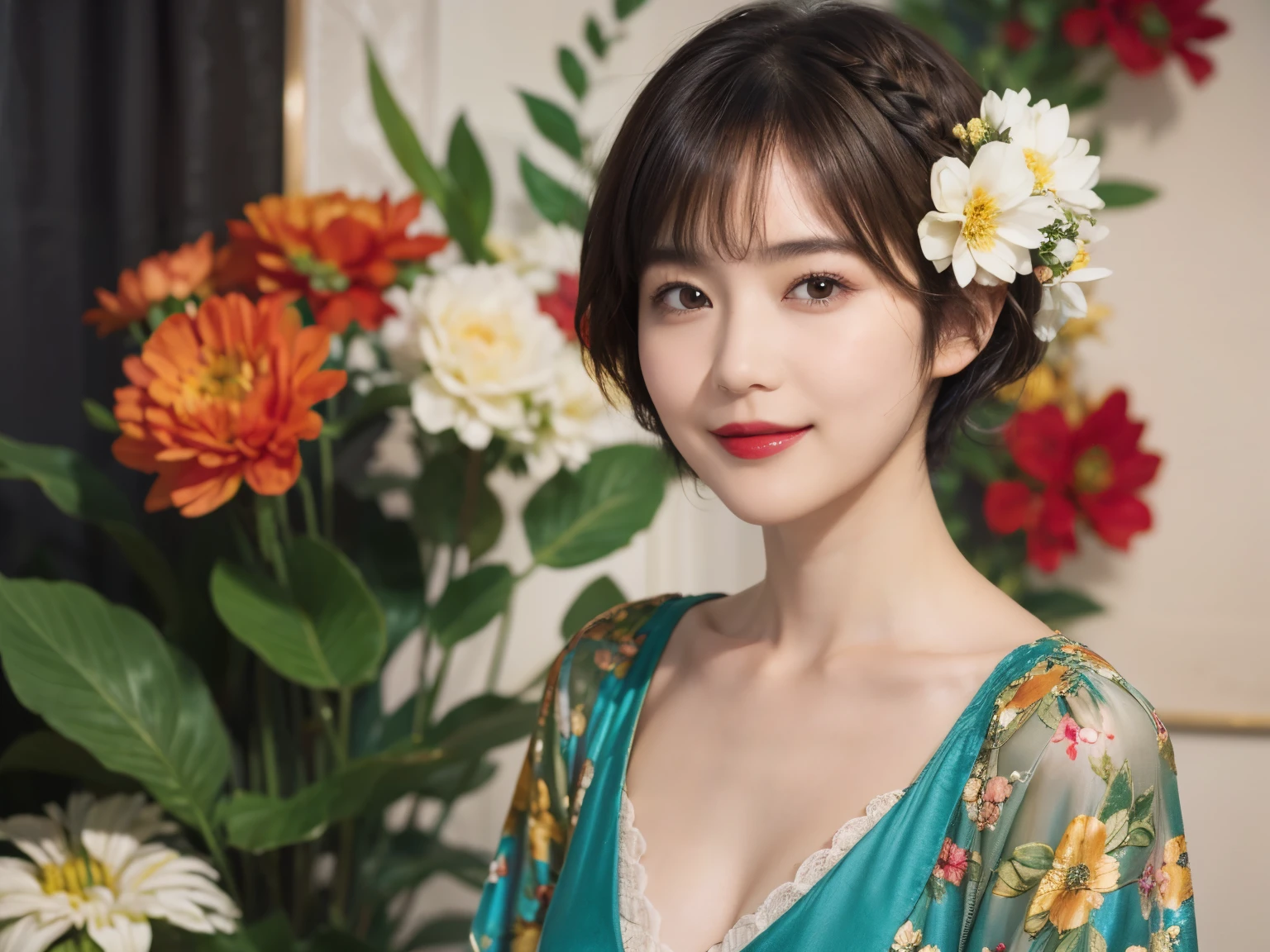 148
(20 year old woman,Floral costume), (surreal), (High resolution), ((beautiful hairstyle 46)), ((short hair:1.46)), (gentle smile), (breasted:1.1), (lipstick)
