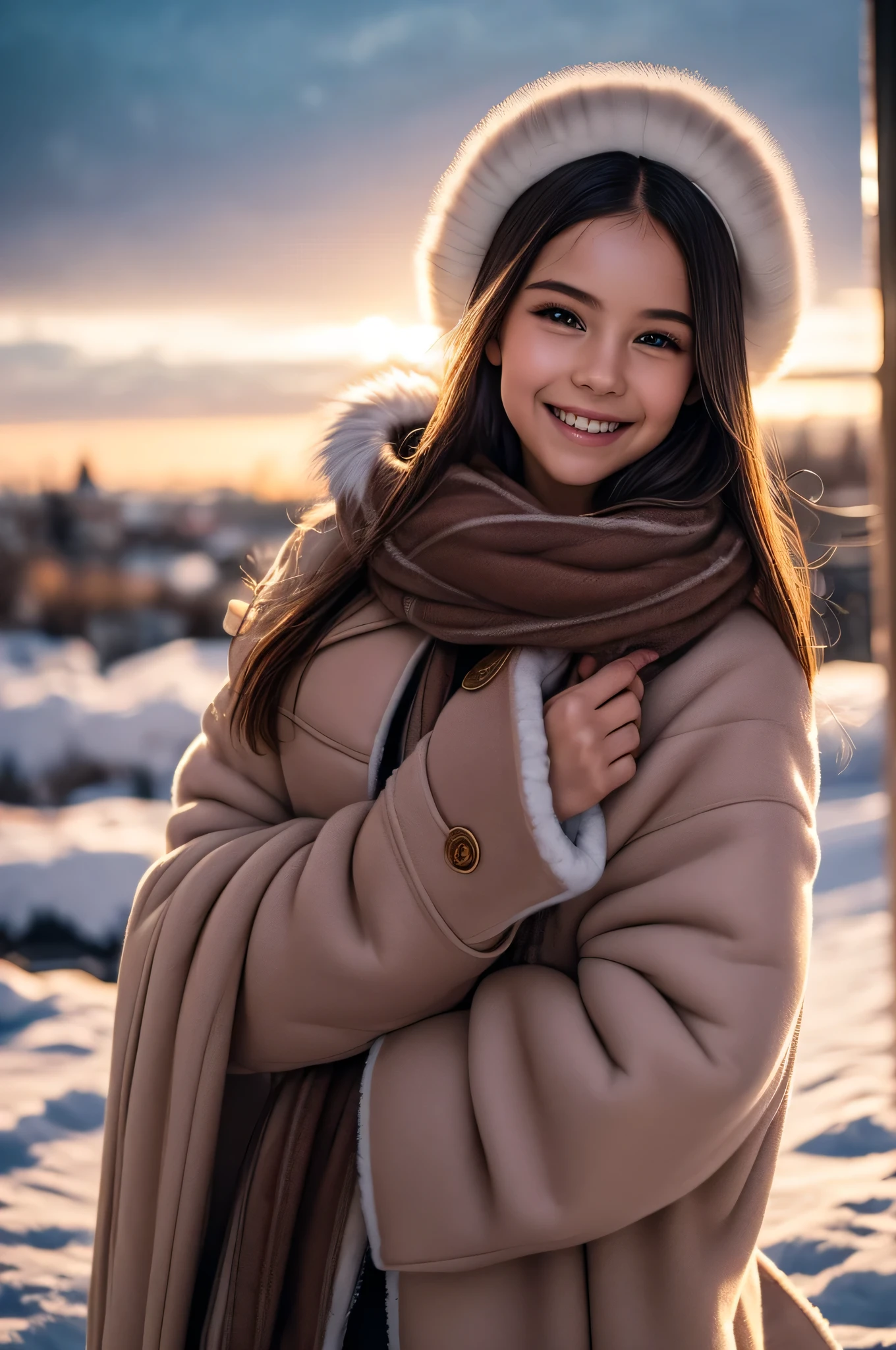 (1young girl),  (Ultra realistic), (nice fur mink coat, woolen scarf:1.5),  upper body,  big smile,  laugh innocently, Beret, stylish outfit, (best quality:1.4),  Raw photo, (realistic,  photo-realistic:1.37), professional photography, cinematic light, outdoors, snowy, stylish cityscape, Clear skies, sunset