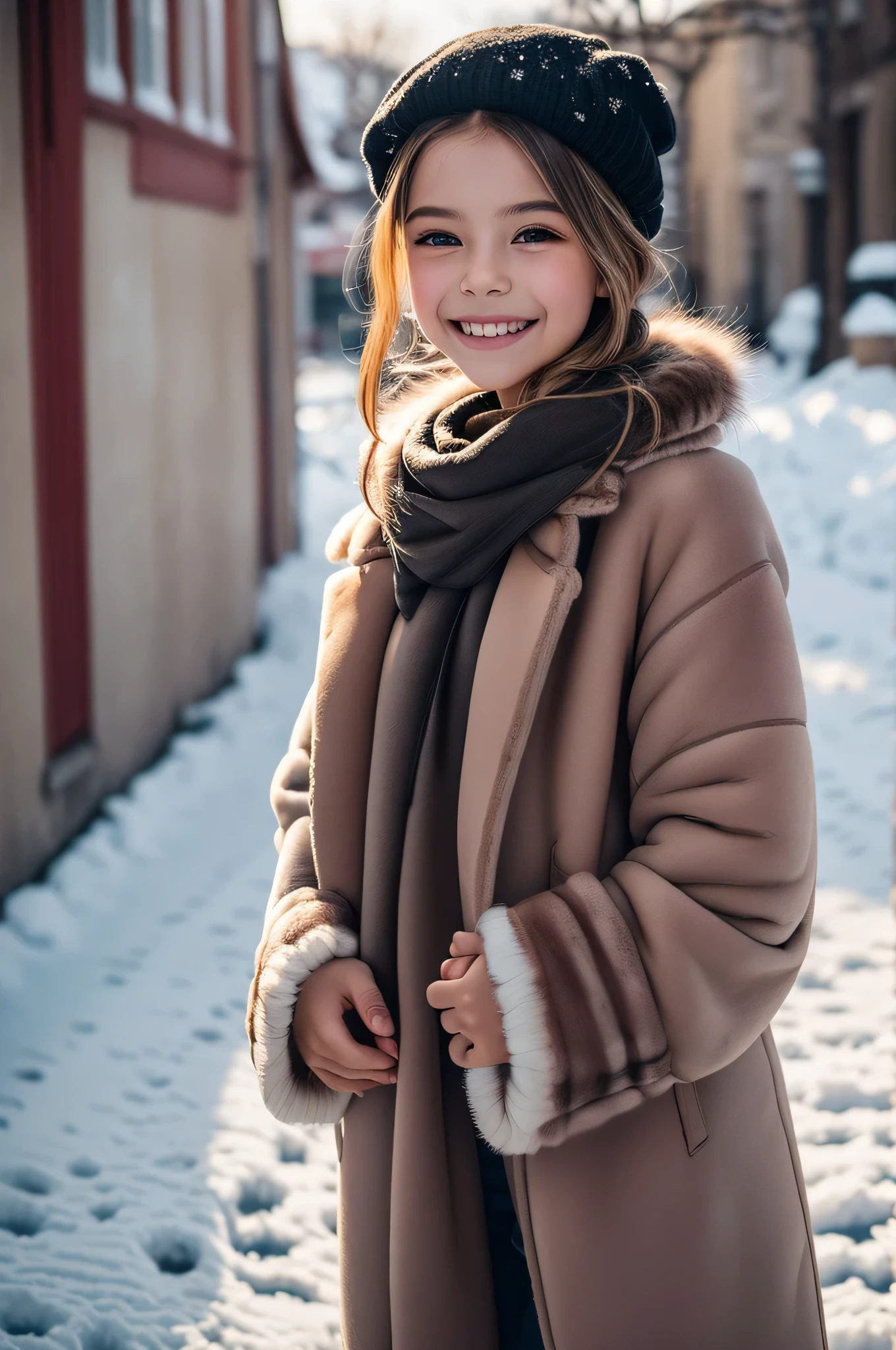 (1ung girl), (Ultra realistic), (nice fur mink coat, woolen scarf:1.5), upper body, big smile, laugh innocently, Beret, stylish outfit, (best quality:1.4), Raw photo, (realistic, photo-realistic:1.37), professional photography, cinematic light, outdoors, snowy, stylish cityscape, Clear skies, sunset