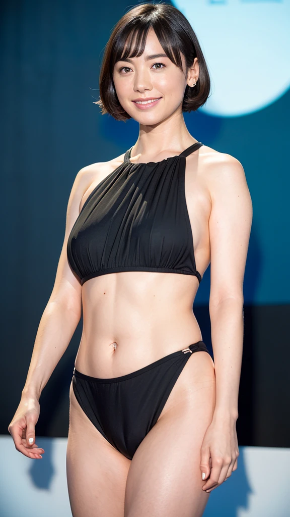 (highest quality,16K ultra high resolution:1.2), (front focus), (deep darkness:1.6),((beauty of movies))、 A beautiful woman in her 20s,((Beautiful balanced body shape))、(両handを体の後ろに組んでいる)、 ((full body portrait))、((bikini))、 (Anne Hathaway:0.6) (emma watson:0.3),(jennifer connelly:0.4), ( face:1.5), 優雅なface,clear and thin skin、 Ladylike, sweet, (Make your subject look beautiful with a black background), soft shadow, secret key, realistic, (anatomically correct and attractive), とても細かくて美しいface, short hair.natural pose((anatomically correct arm、hand、number of fingers,Anatomically beautiful feet))、