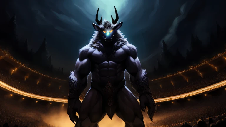 Gay werewolf male muscular anal sex Front view open legs (anthro) (blaidd (elden ring))) furious, wild, muscular wolf, looking pleased, black body, black fur, detailed skin, virile, abdomen, Pose, detailed face, scar, (canine penis, balls, big penis), (knot:1.3), detailed, night background