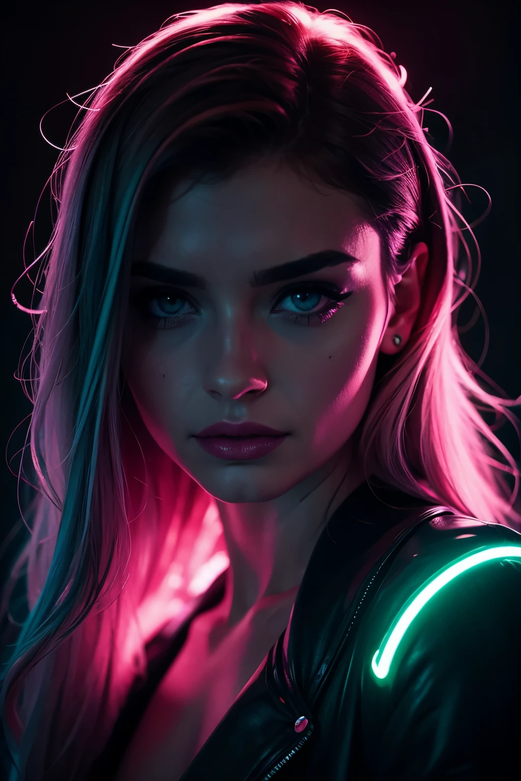 fashion portrait color photograph, woman, neon lights