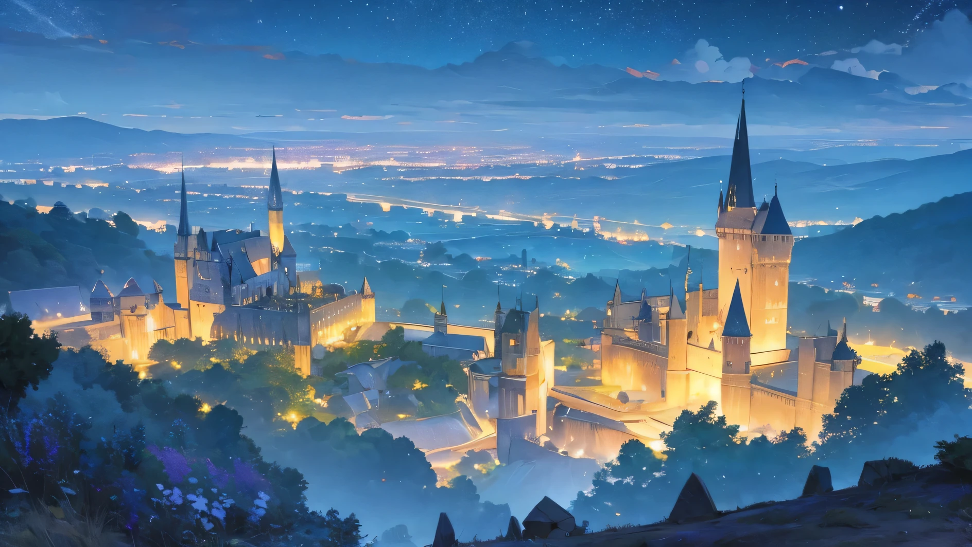 beautiful castle harry potter and black sky in the night with clouds and stars, it's a valley with a castle, a lake with flowers and lights