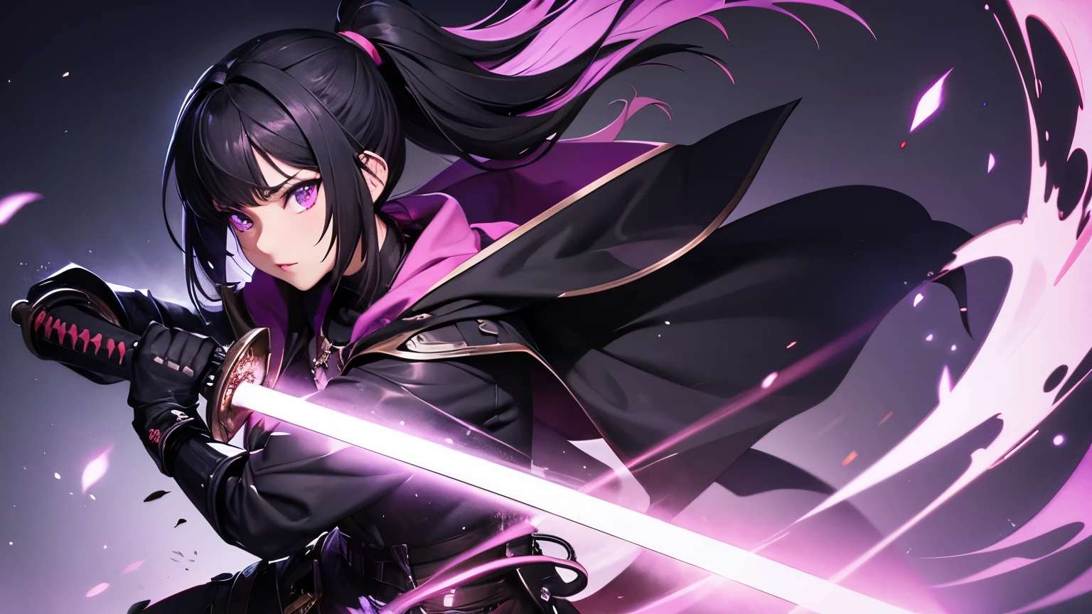 monster hunter, black hair, long pony tail, purple eyes, girl in Odogaron gear with a long sword katana swinging in the air, purple glowing effects, black gothic outfit