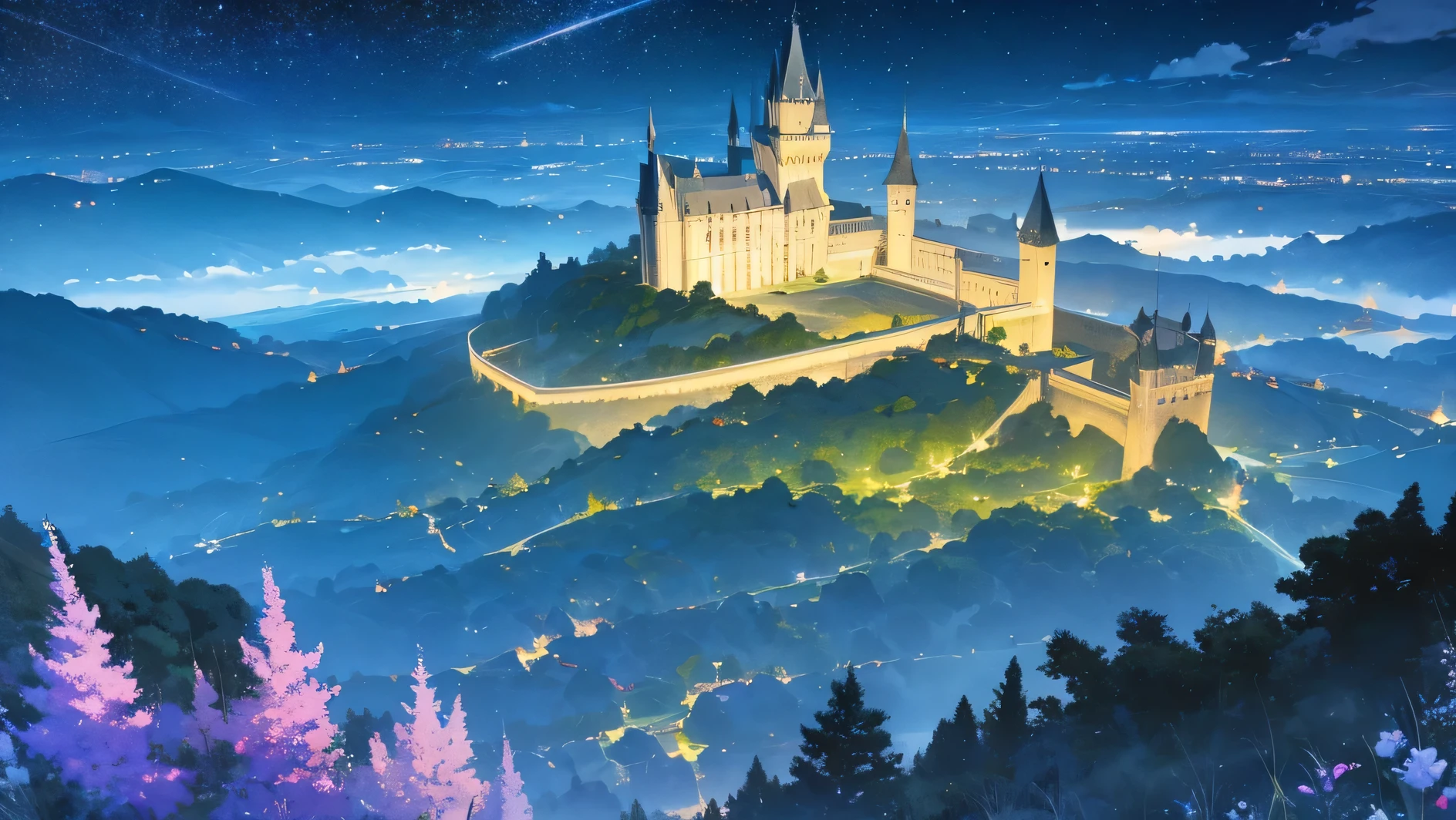 beautiful castle harry potter and black sky in the night with clouds and stars, it's a valley with a castle, a lake with flowers and lights