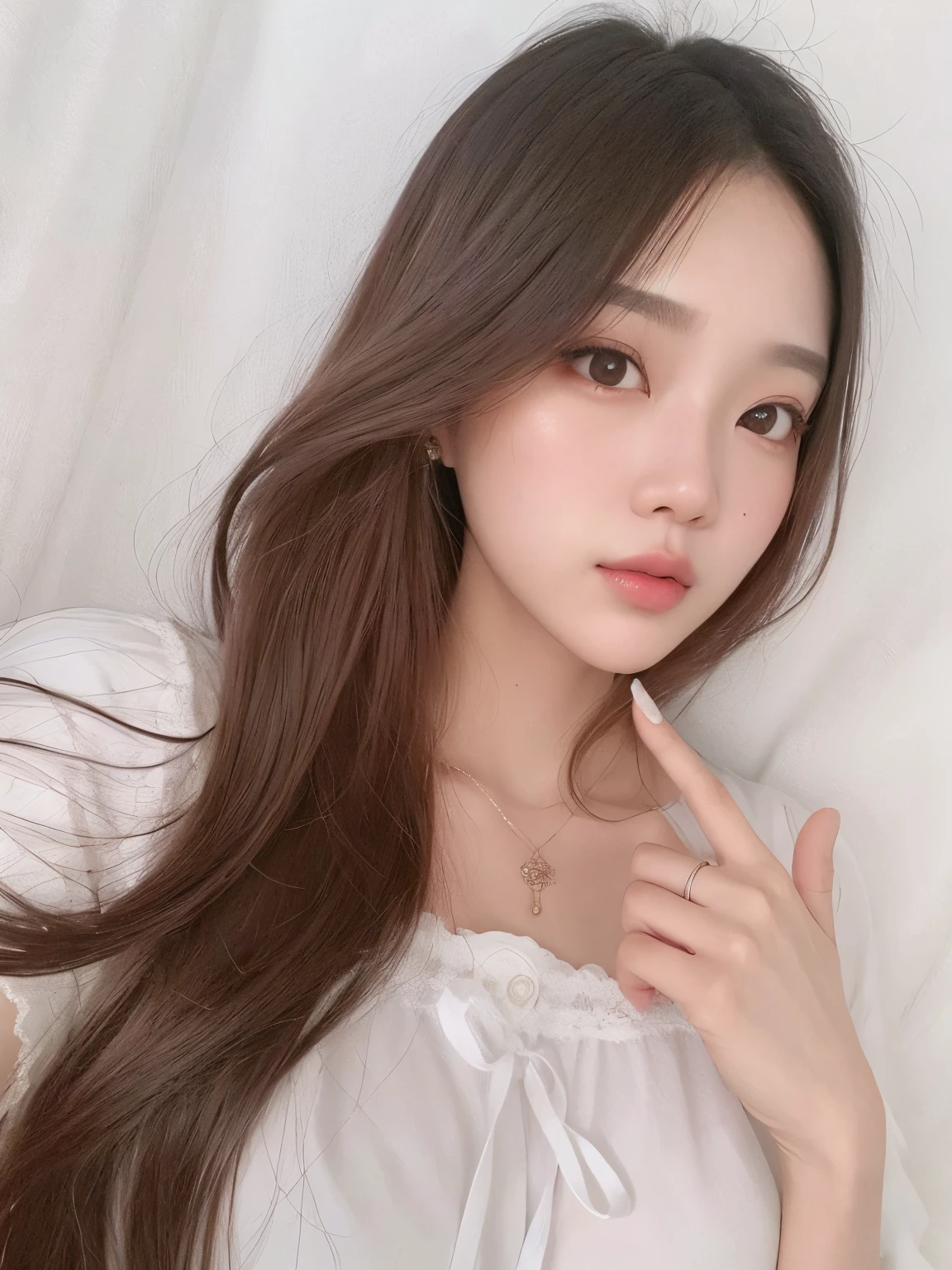 um close up de uma mulher com cabelos longos usando um top branco, Ulzzang, linda mulher sul-coreana, linda jovem coreana, Lalisa Manobal, adorable and pale korean face,  coreana, linda jovem coreana, young lovely korean face, maquiagem sul-coreana popular, com rosto redondo, Jinyoung Shin, jaeyeon nam, maquiagem coreana popular