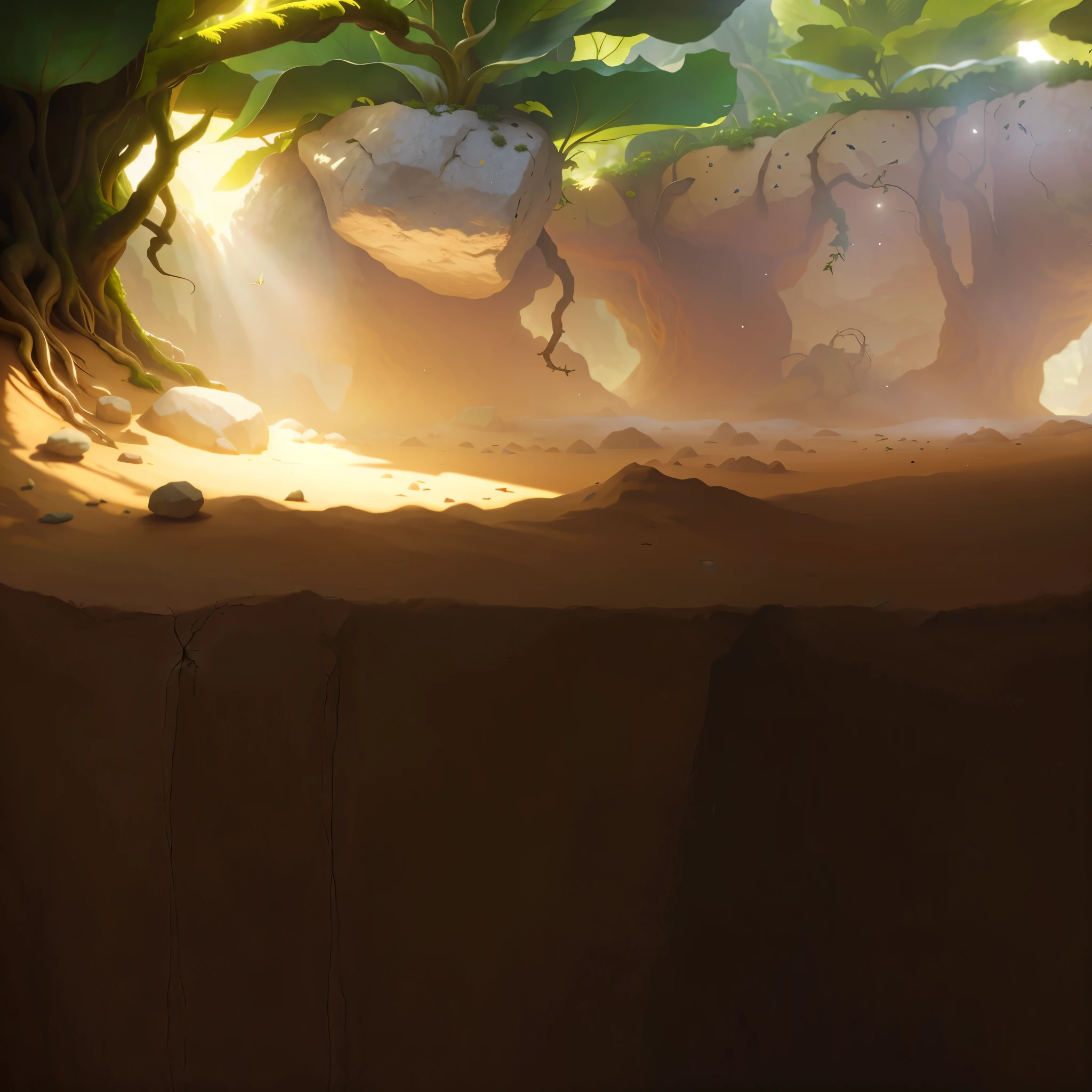Realistic，Microcosm，big rocks，big leafs，root system，Yeah sunshine，Brilliant light and shadow，earthy，earthy地面。